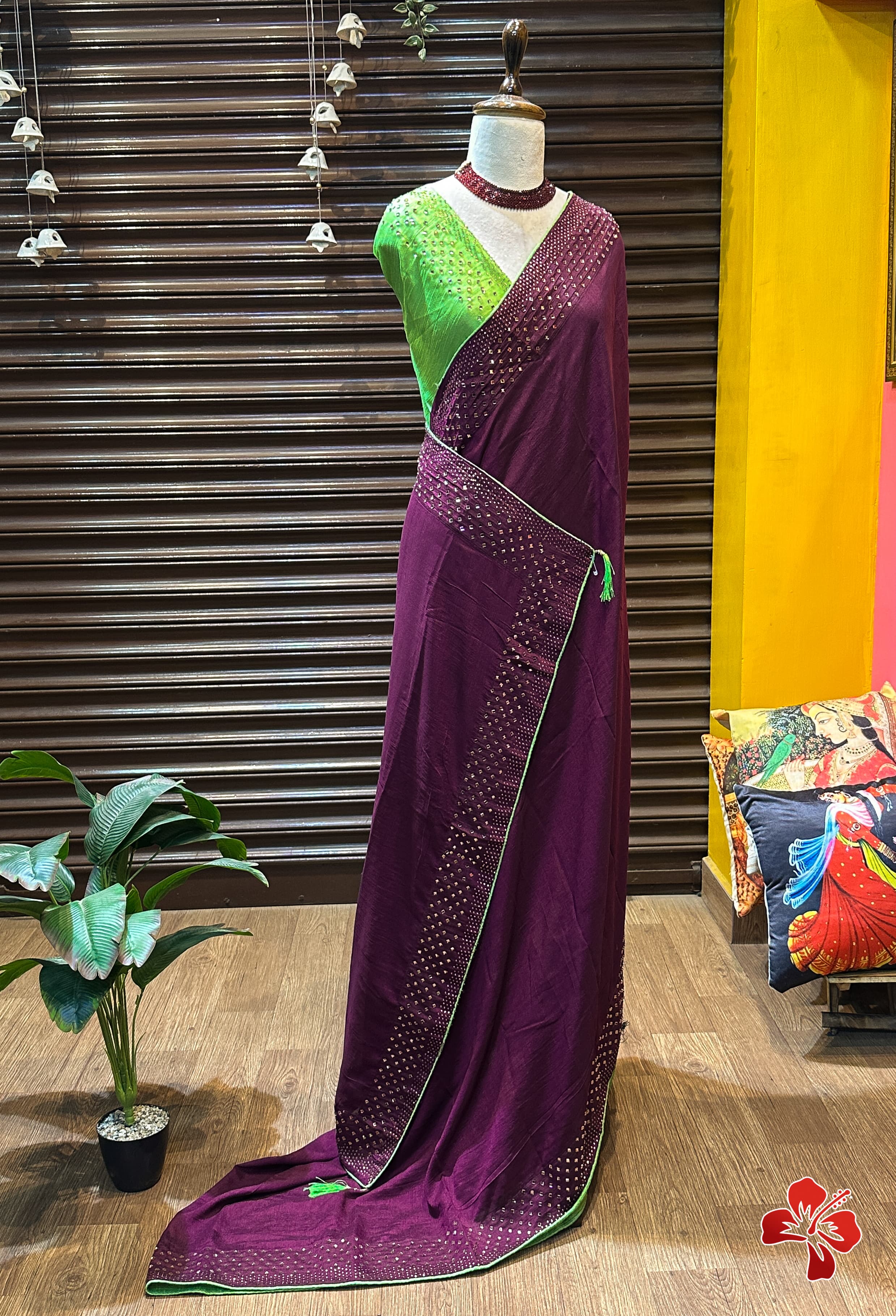 Beautiful Wine Vichitra Silk Saree with Stone Work