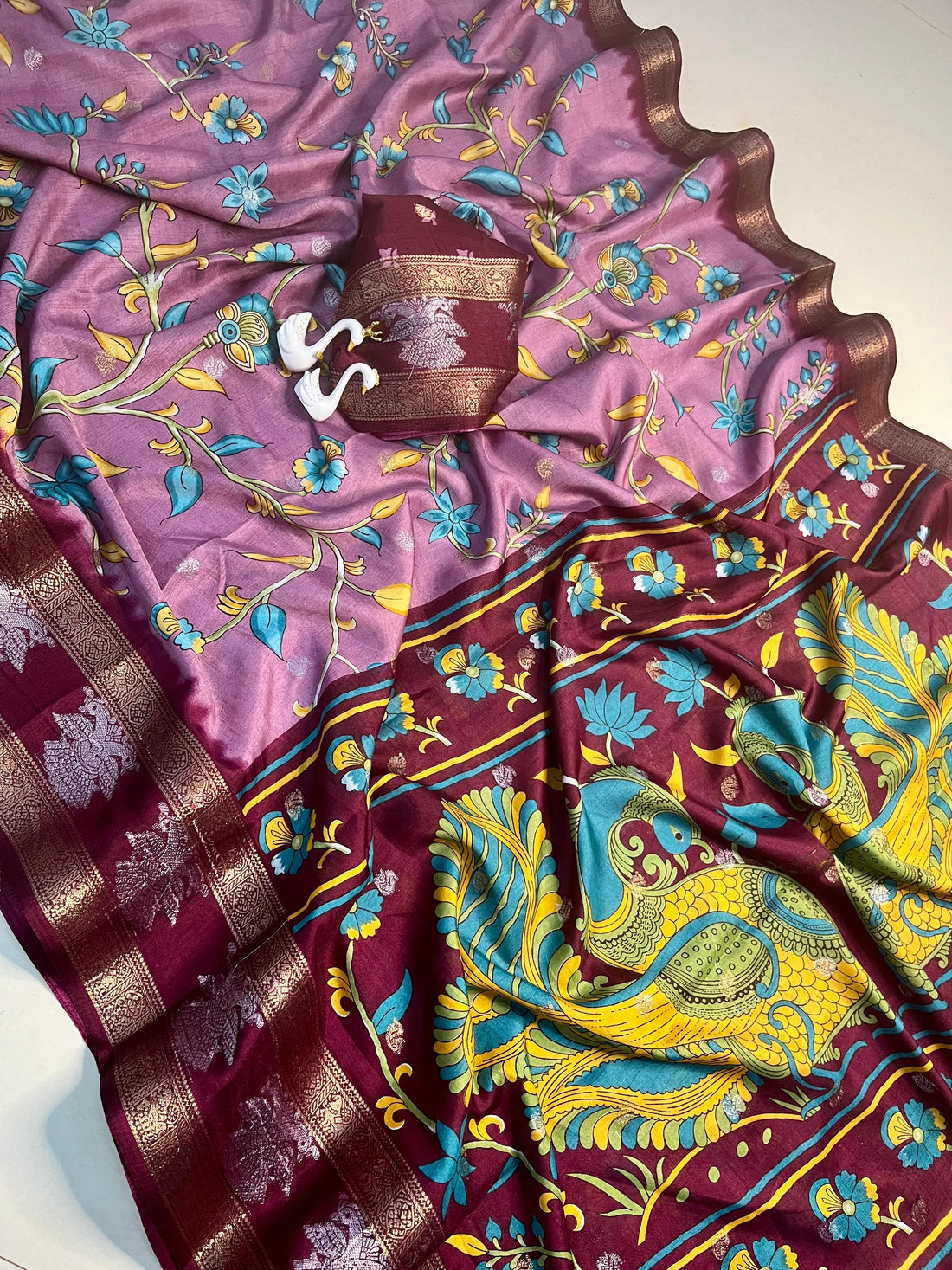 Soft Dola Kalamkari Saree with Peacock Weaving