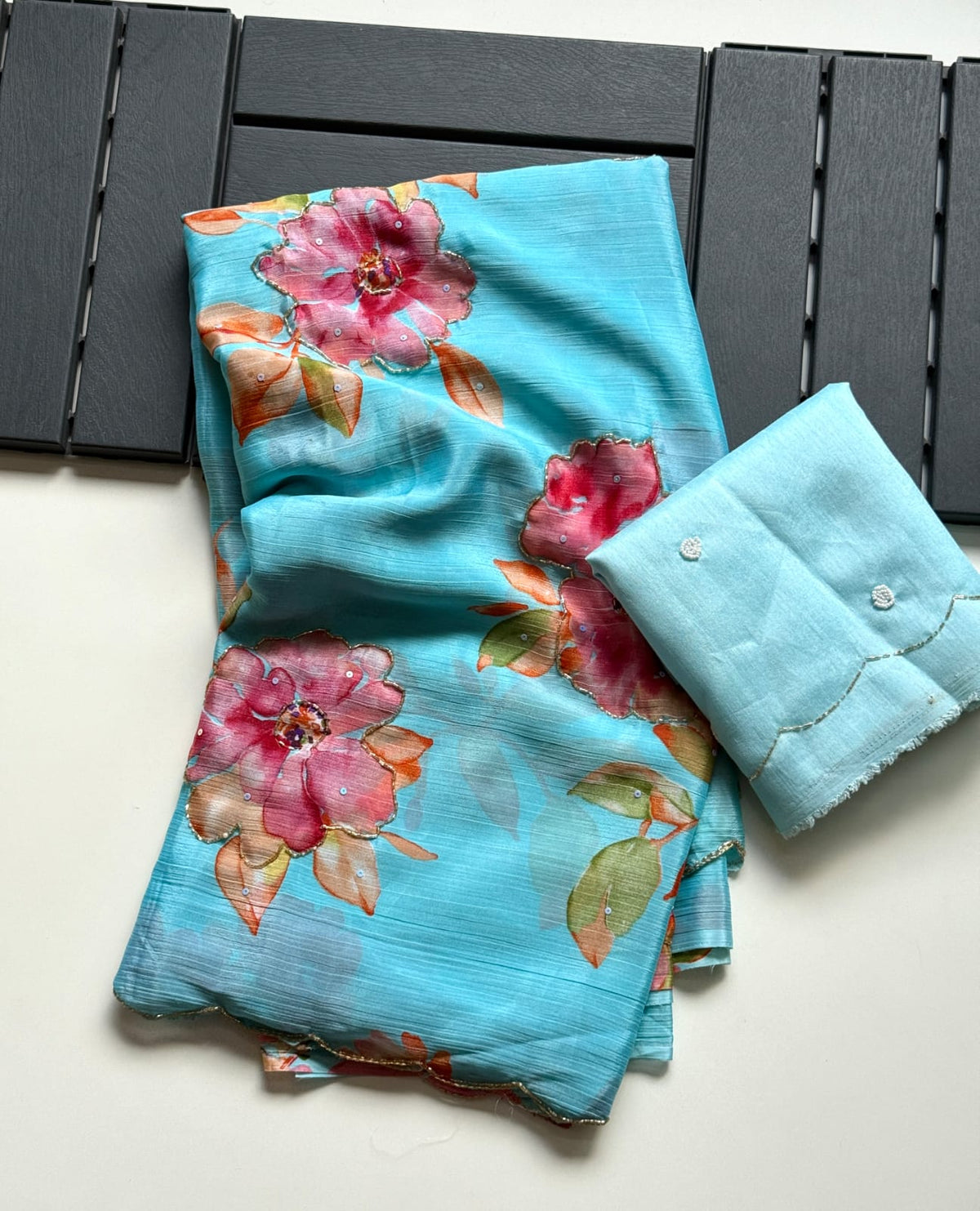 Soft Chinnon Silk with Beautiful Flower Print With Handwork Light Weight Sarees