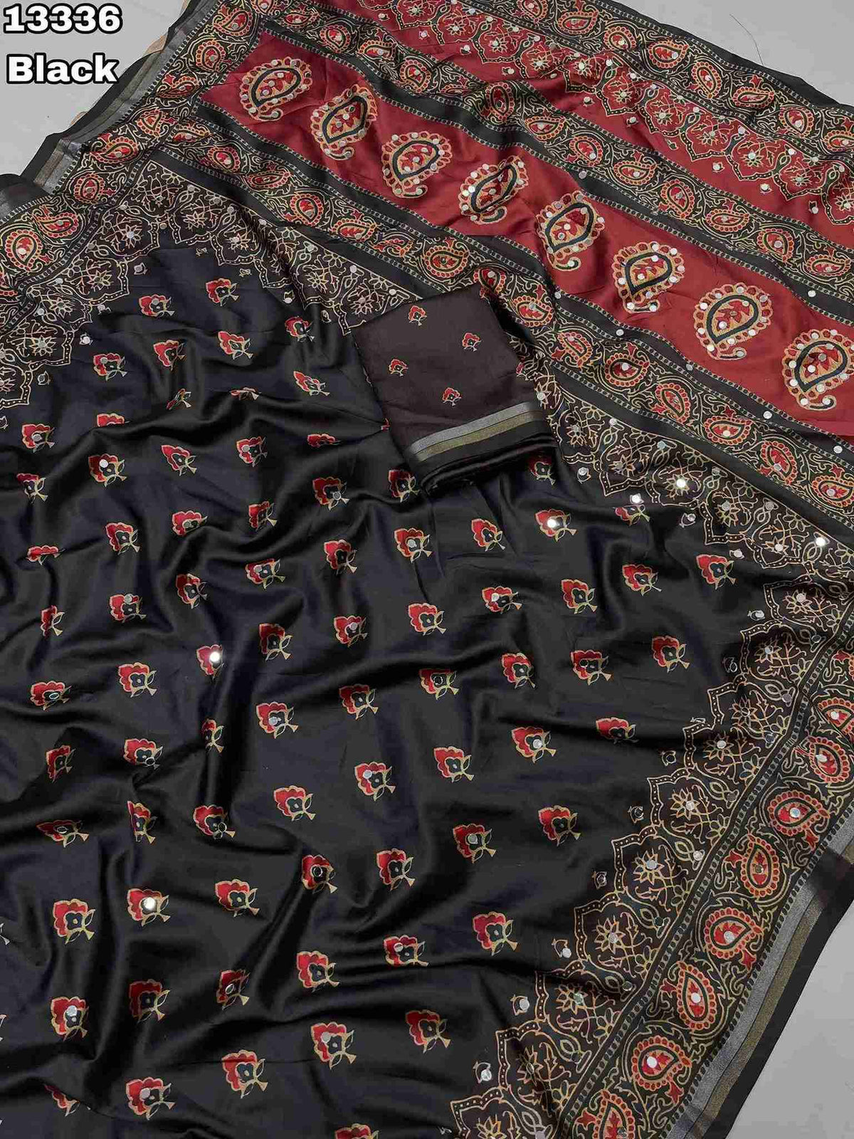 Soft & Smooth Silk Crape Ajrakh Design Digital Print With Original Mirror Work & Zari Weaving Borde