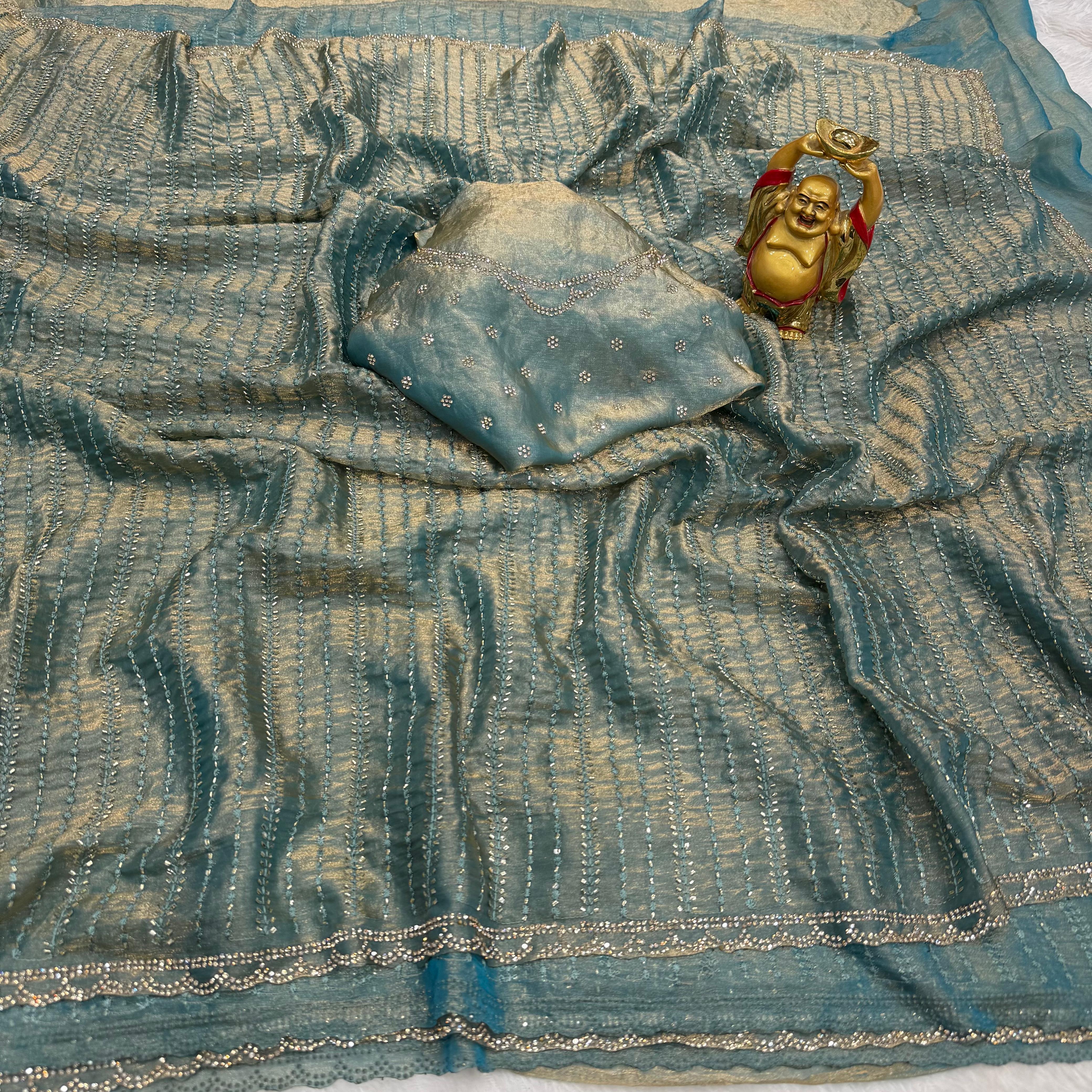 Soft Satin Sarees with Beeds Work with Zarkhan Border