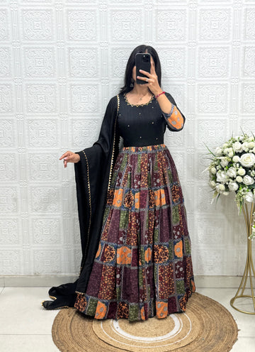 Vichitra Silk and Muslin Gown with Handwork & Duppata with Lace Border