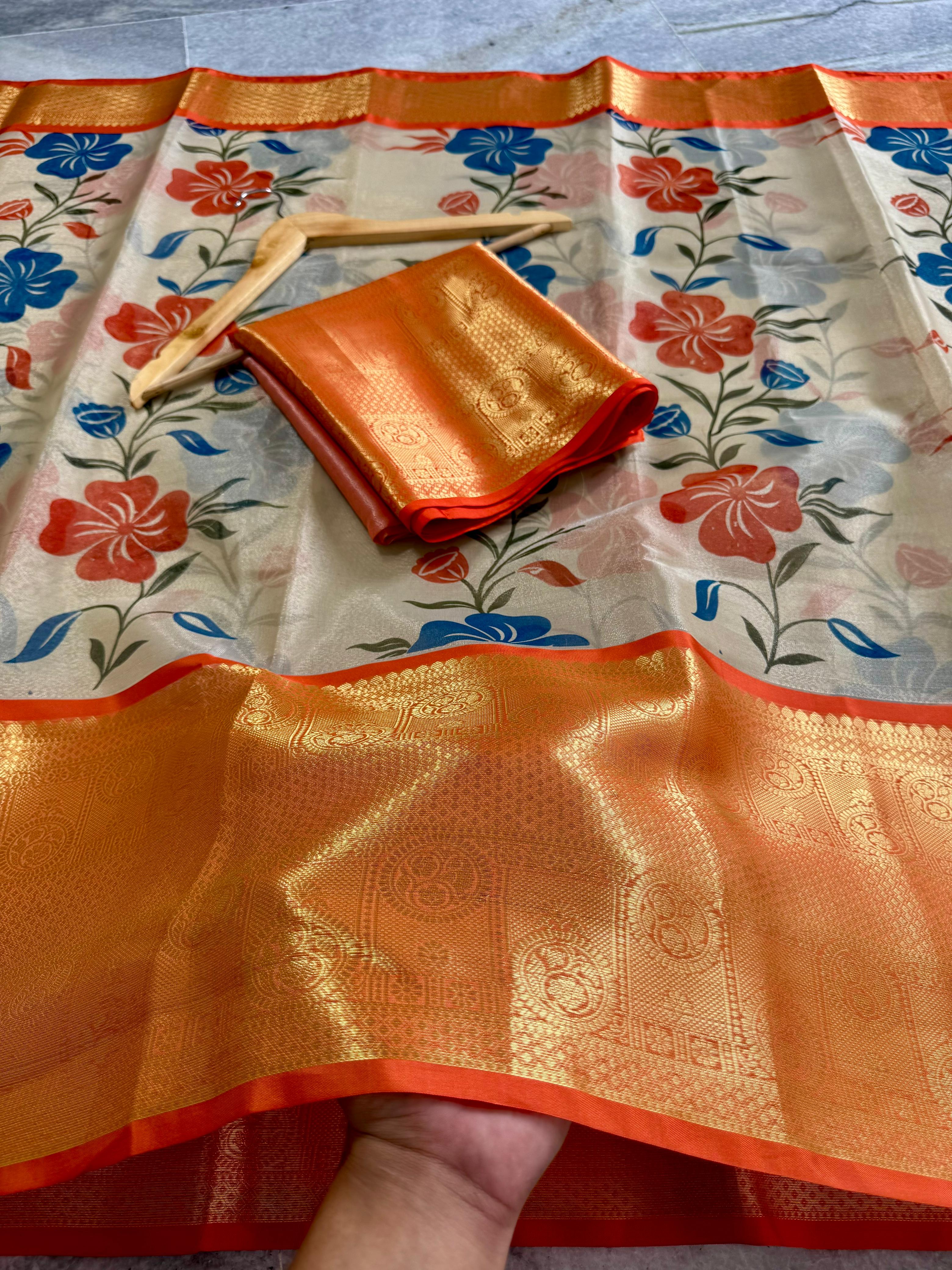 Premium Soft Banarasi Floral Hand Painted Style Saree
