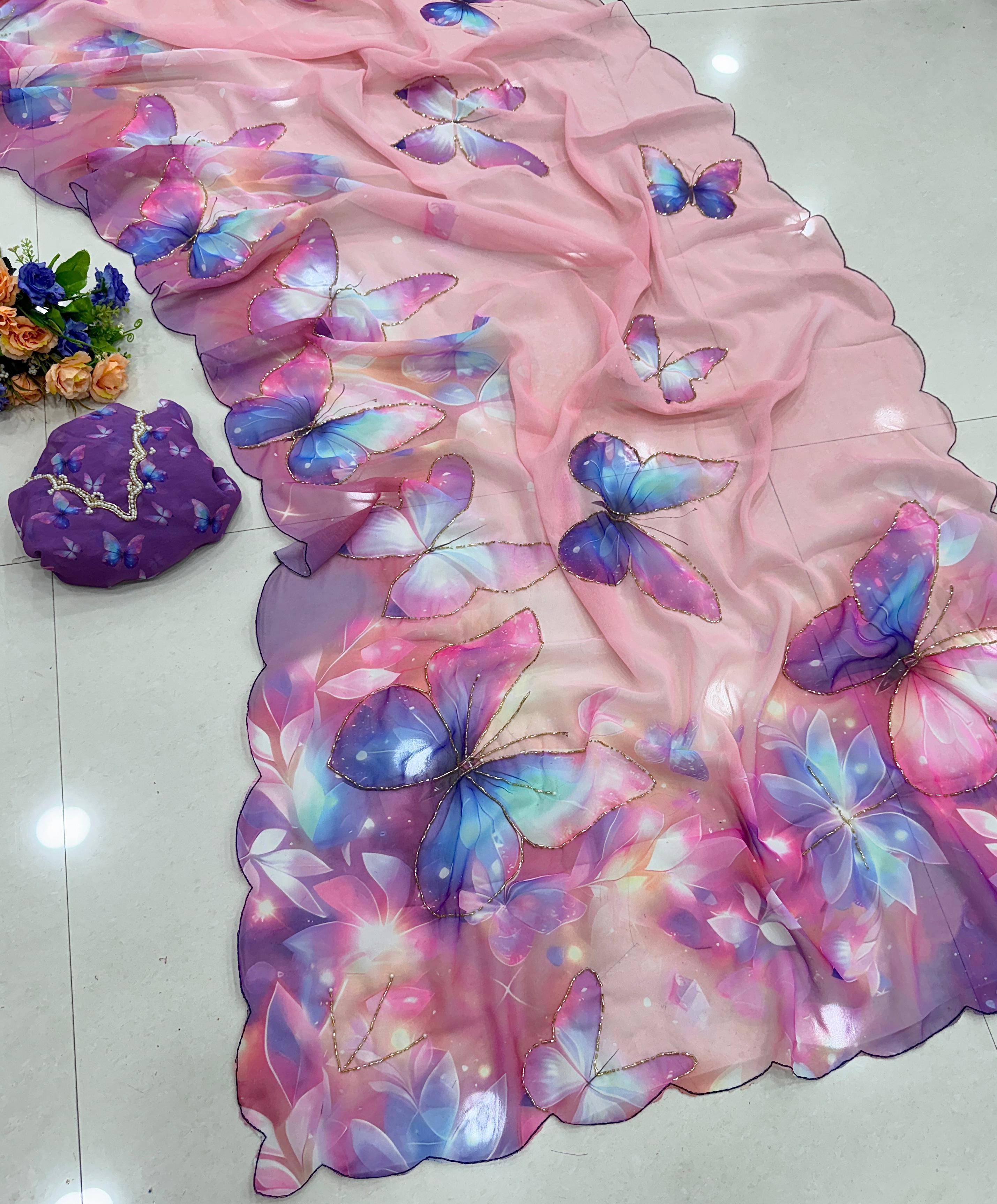 Chiffon floral saree with cutdana work