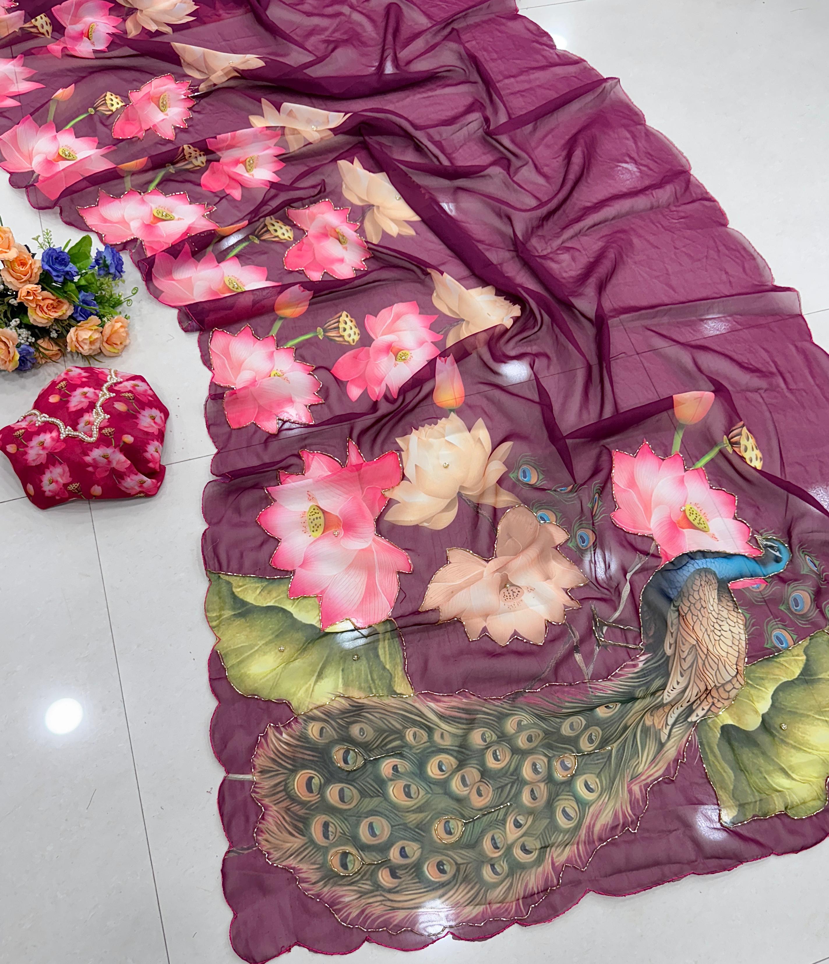 Chiffon floral saree with cutdana work