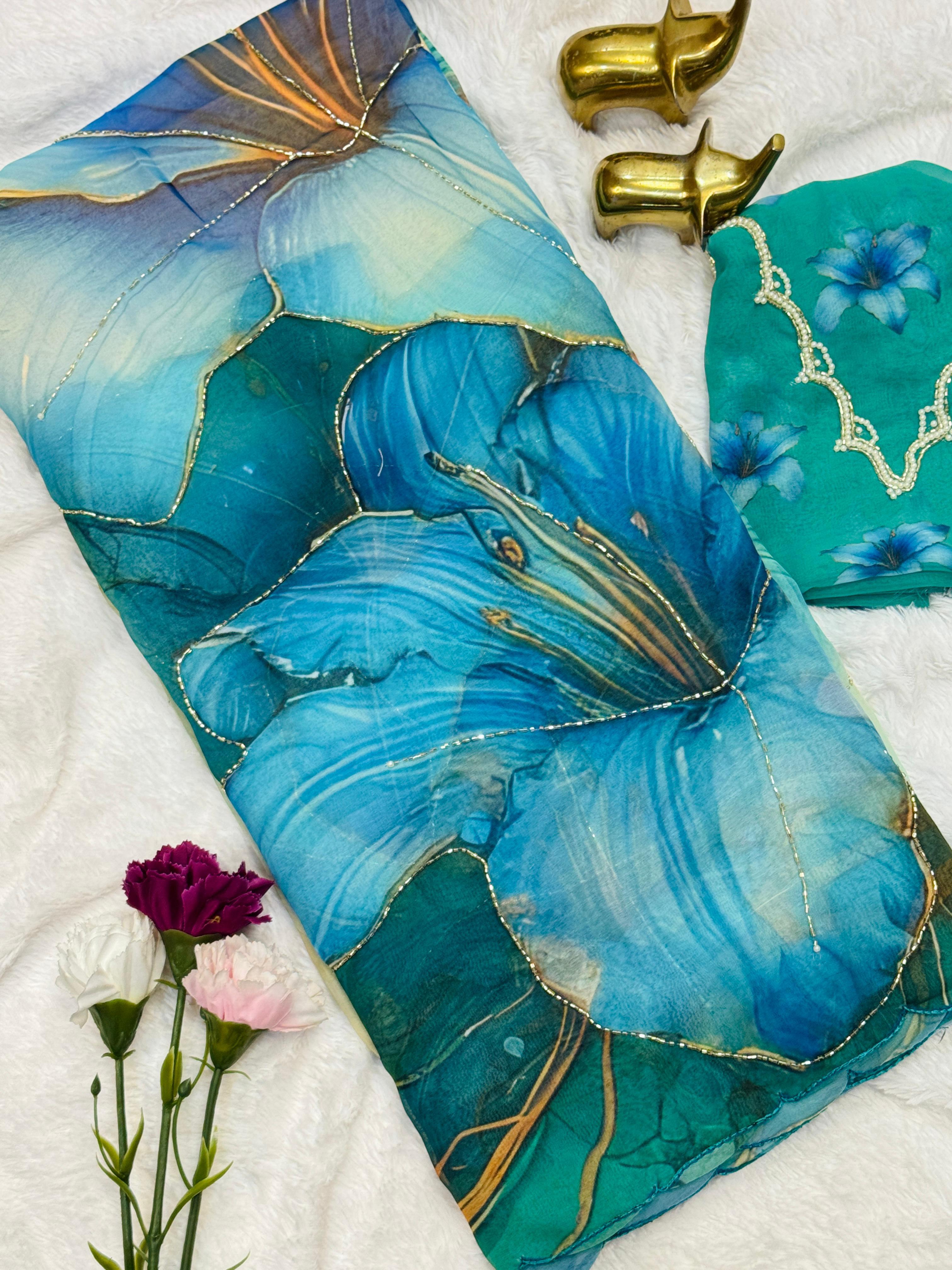 Smooth Chiffon Floral print with cutdana work