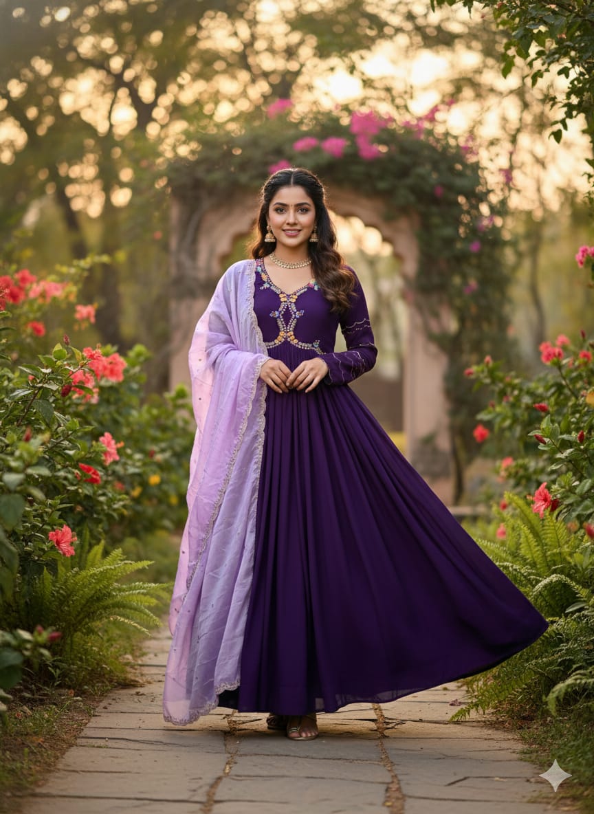 Purple Maggam Work Anarkali Dress with Duppata