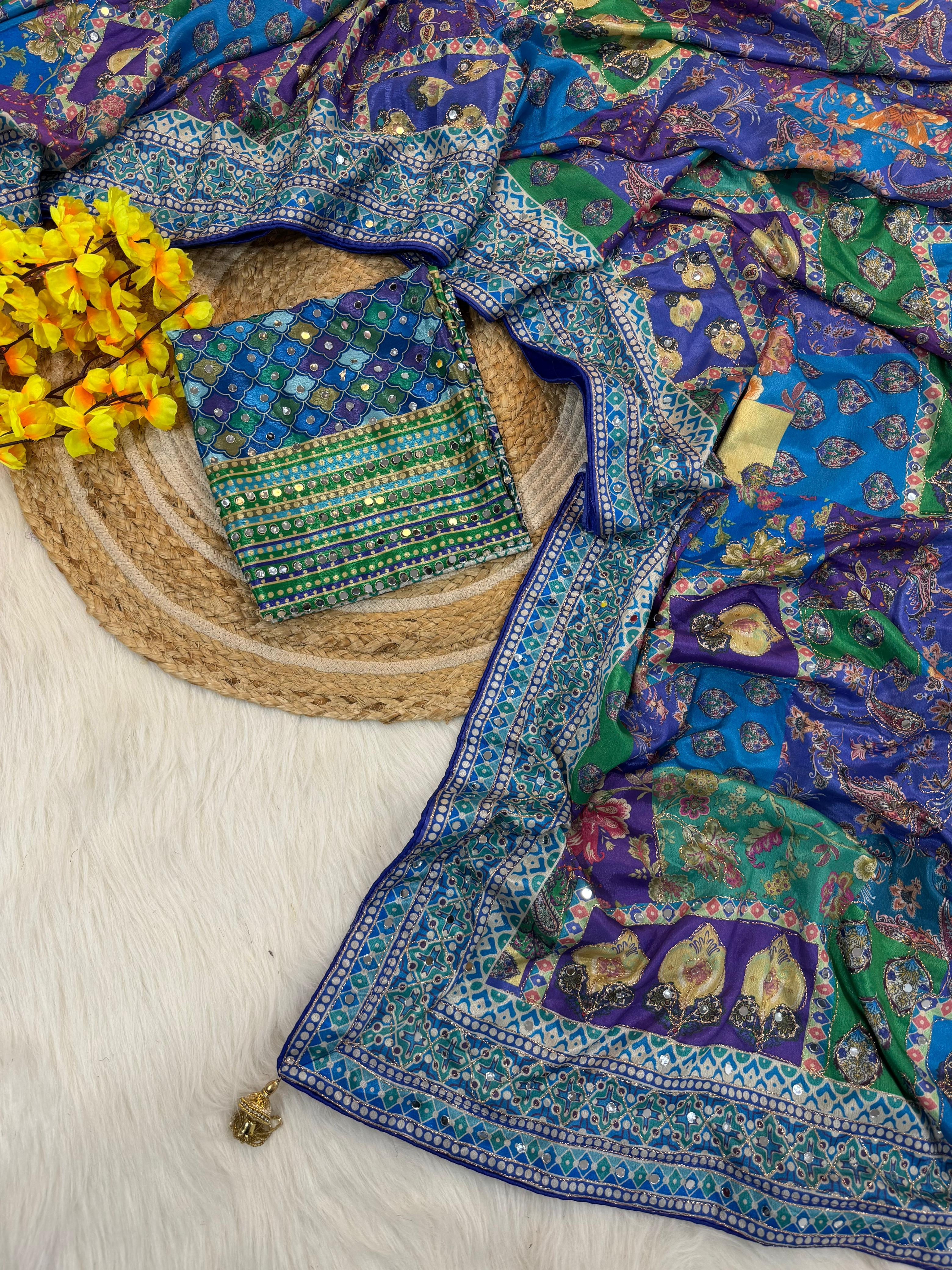 Trending New Ajrakh Saree with Mirror Work
