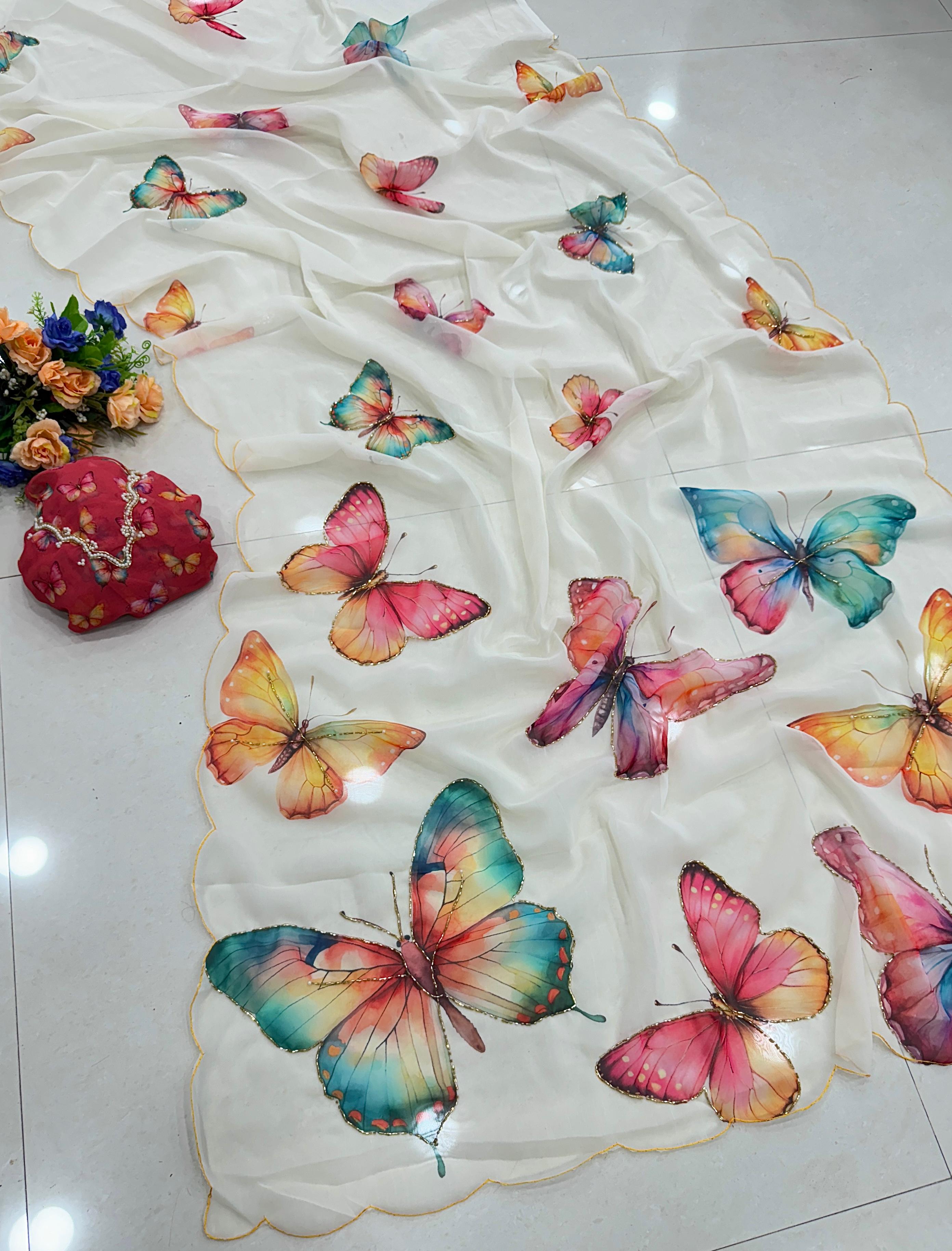 Chiffon floral saree with cutdana work