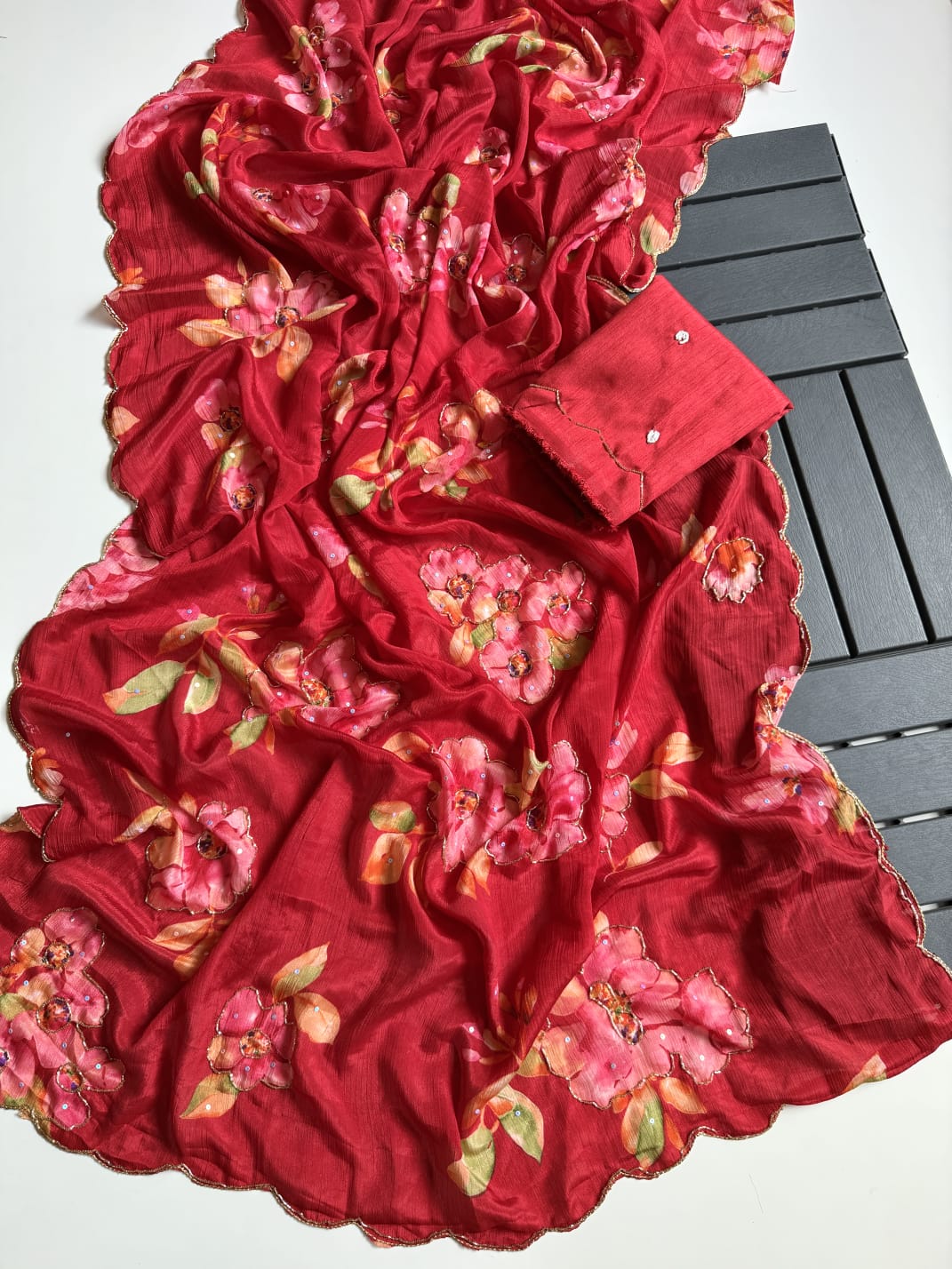 Soft Chinnon Silk with Beautiful Flower Print With Handwork Light Weight Sarees