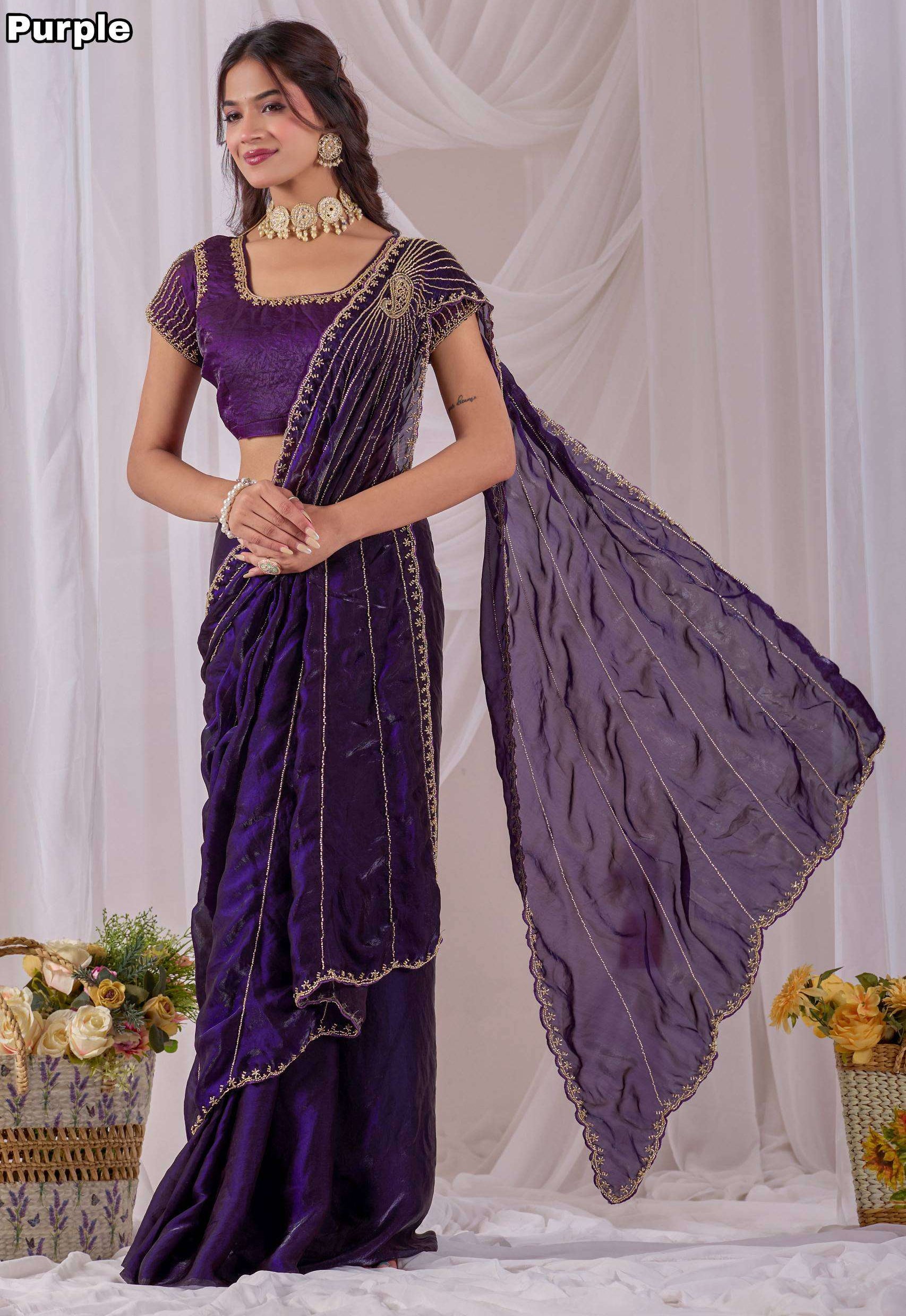 Space Silk Sarees with Cutdana Handwork & Maggam Work
