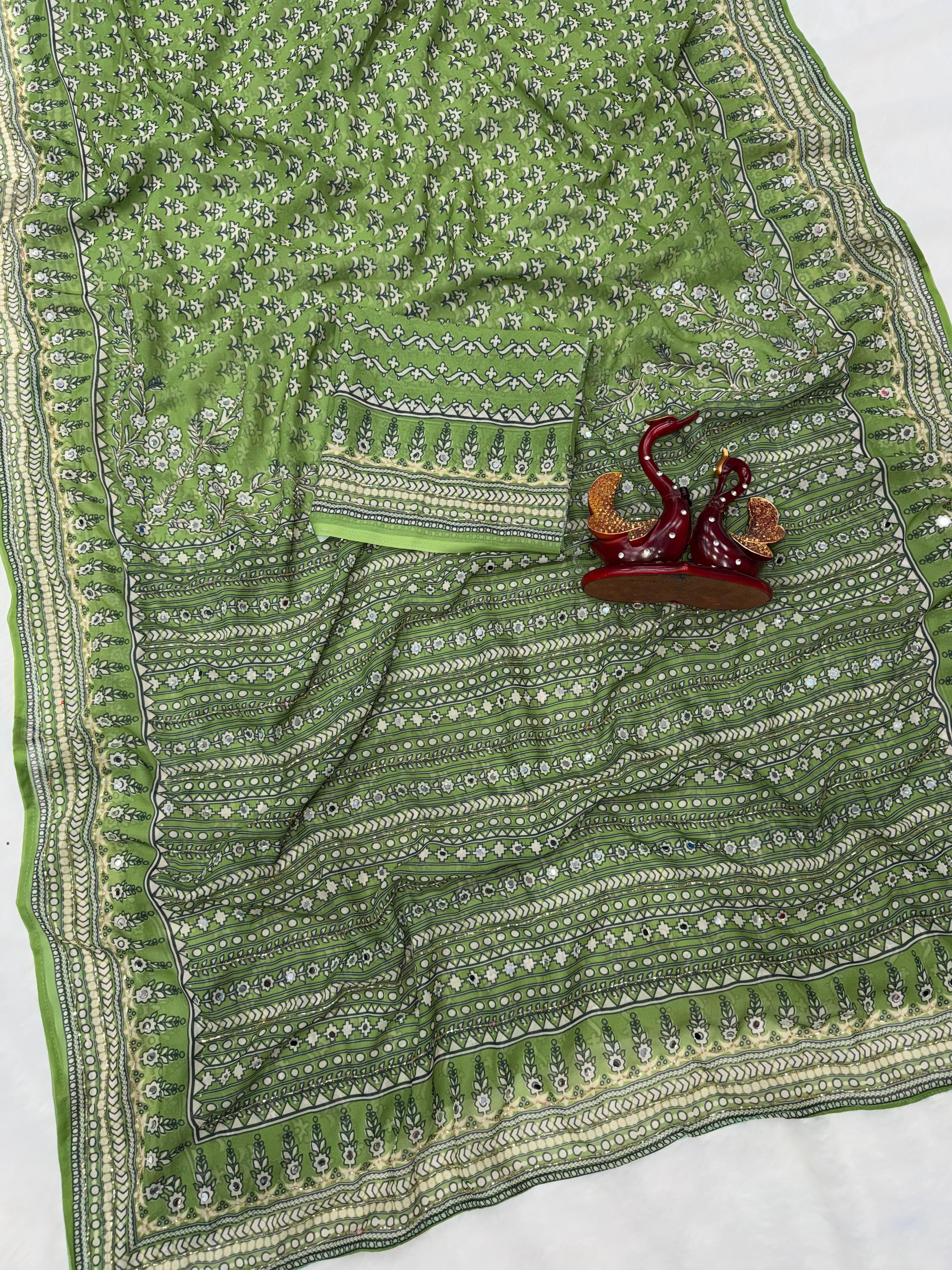 Ajrakh Designer Soft Fox Georgette Sarees with Cutdana and Mirror Work