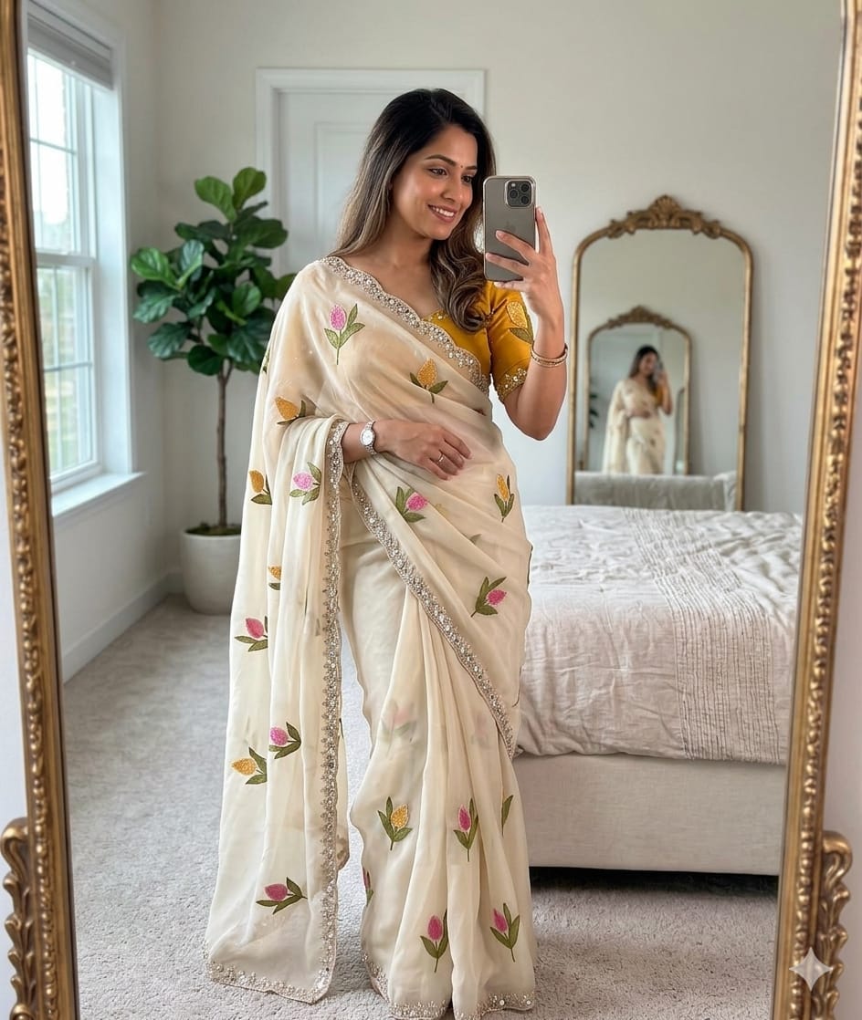 Star Georgette Silk Saree with allover Embroidery Work
