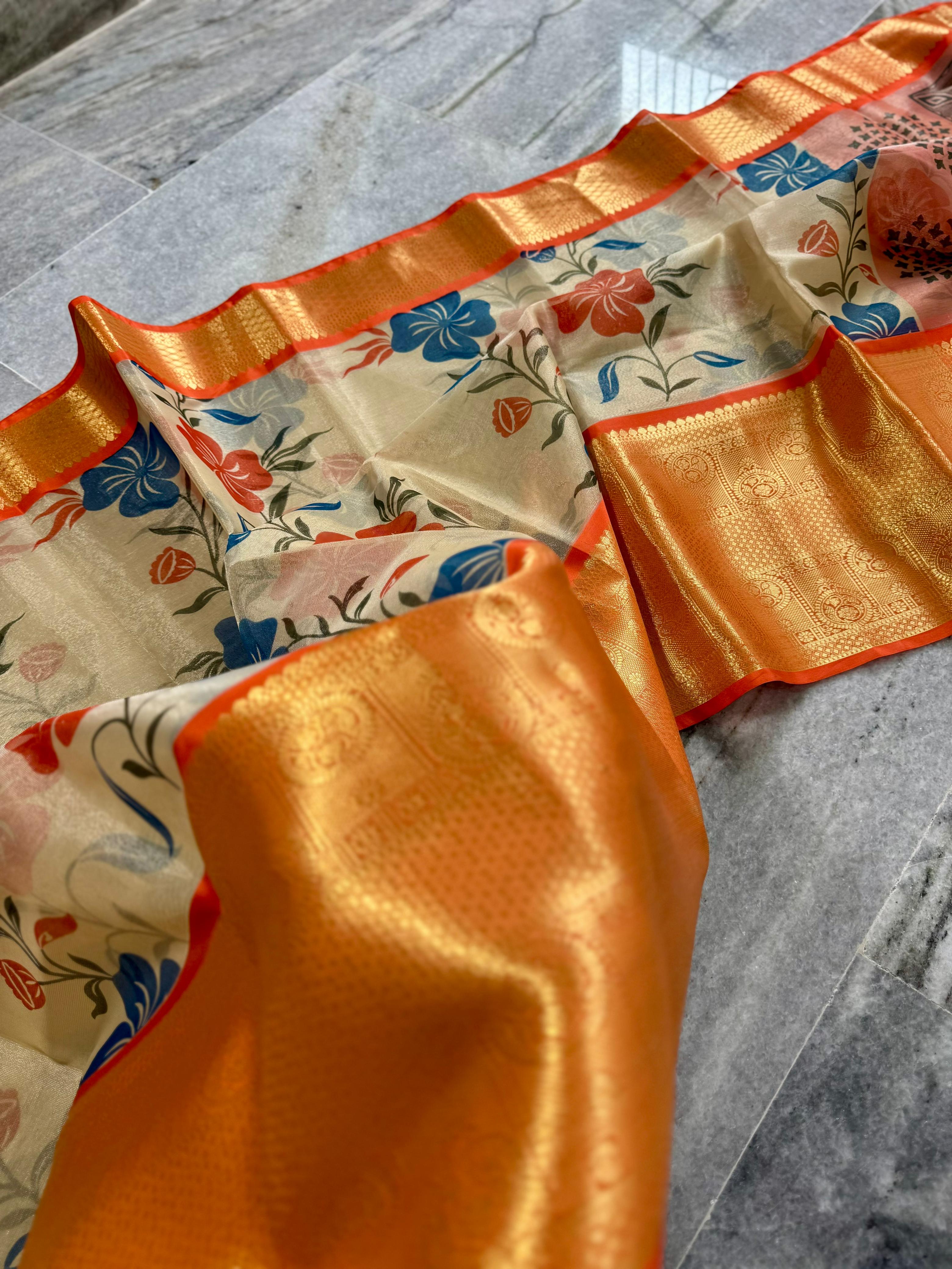 Premium Soft Banarasi Floral Hand Painted Style Saree