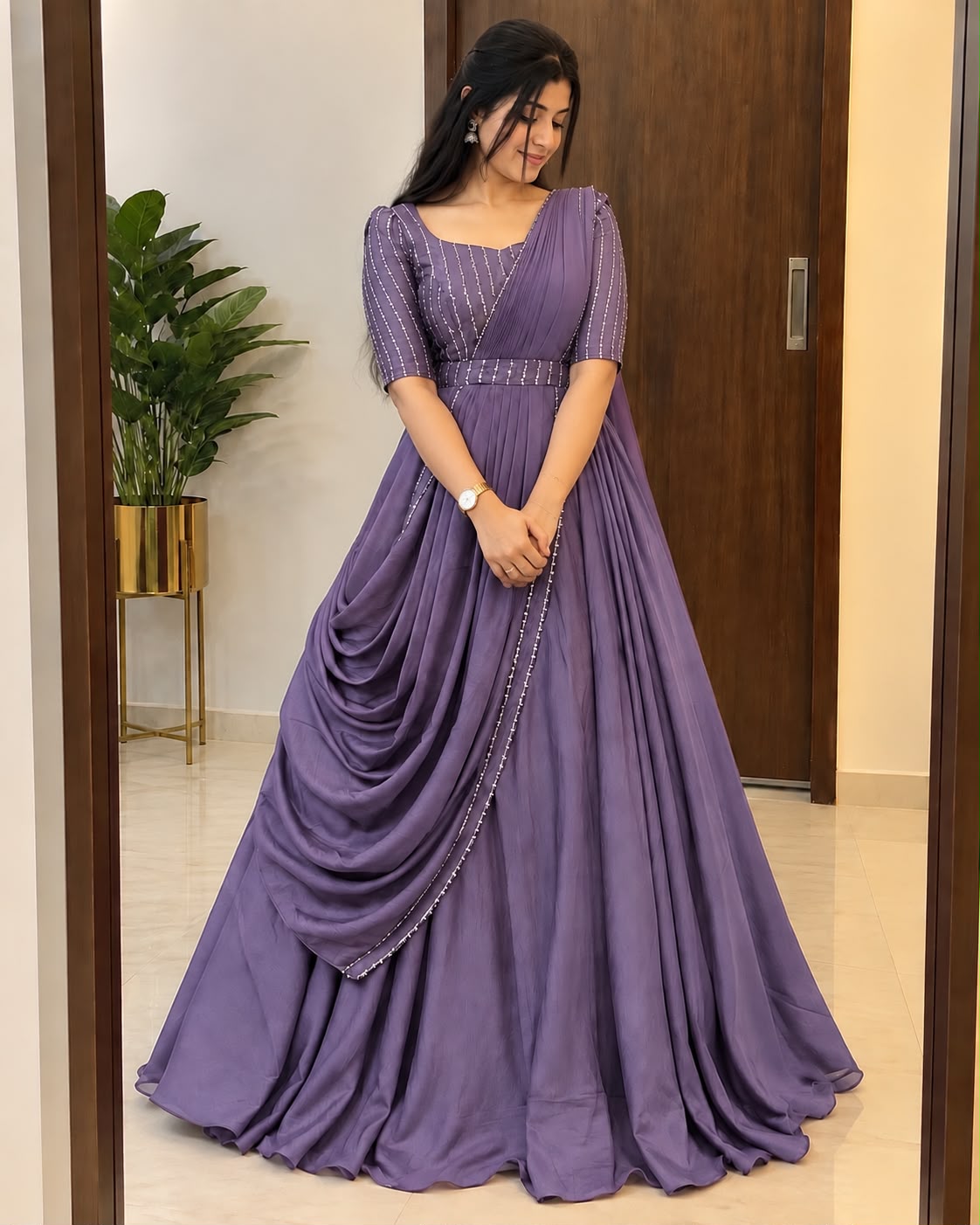 Premium Blooming Vichitra Silk Gown+Duppata with Sequence and Beads work