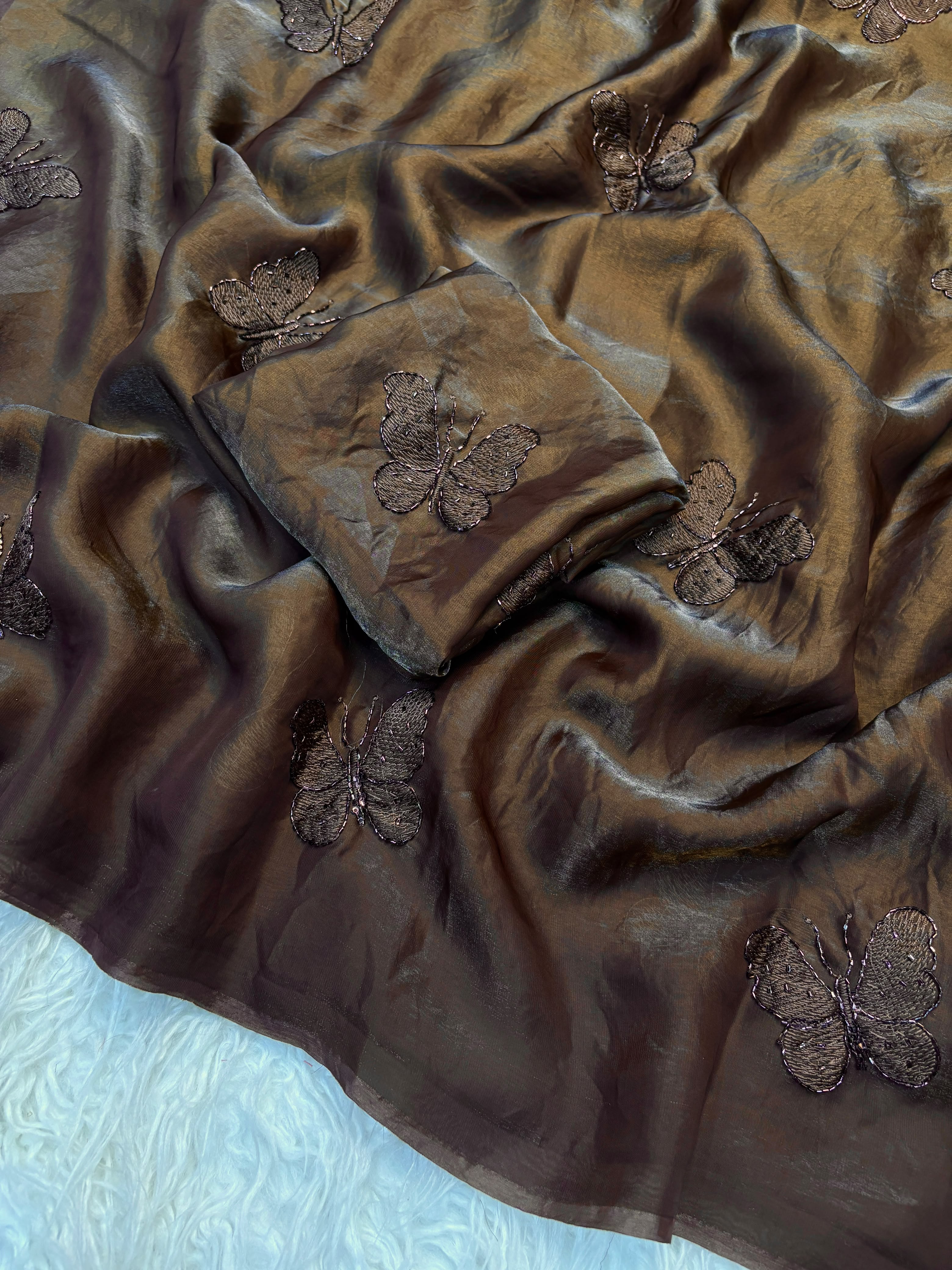 Two tone Fendy Satin with Beautiful Handwork Beads Butterfly Design