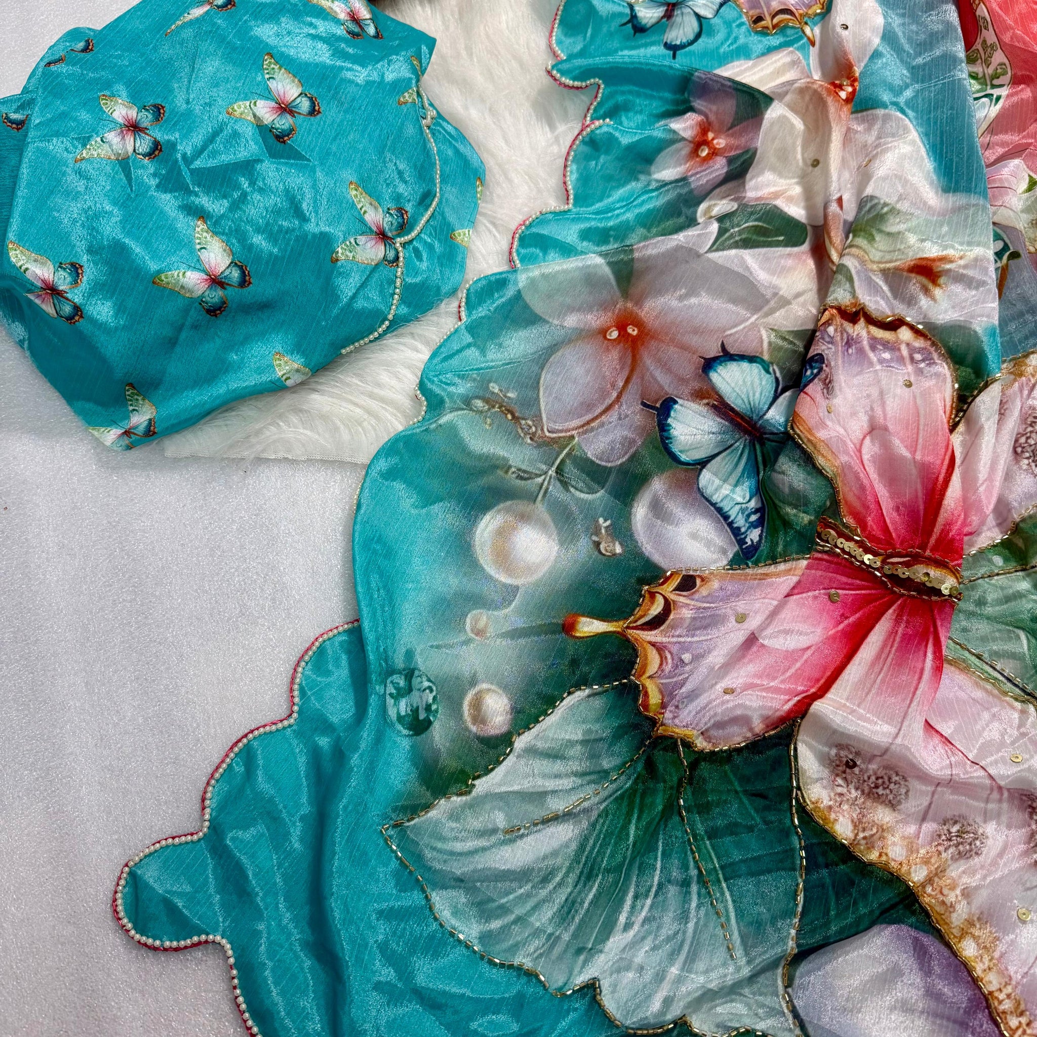 Pure Malai Silk Saree with Beautiful Digital Prints Butterfly & Flower with Hand Cutdana Work