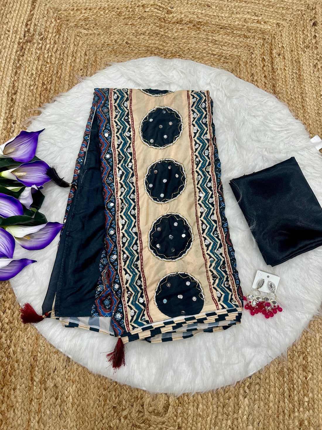 New Ajrakh Designer Handwork Party Wear Saree with Original Mirror Work