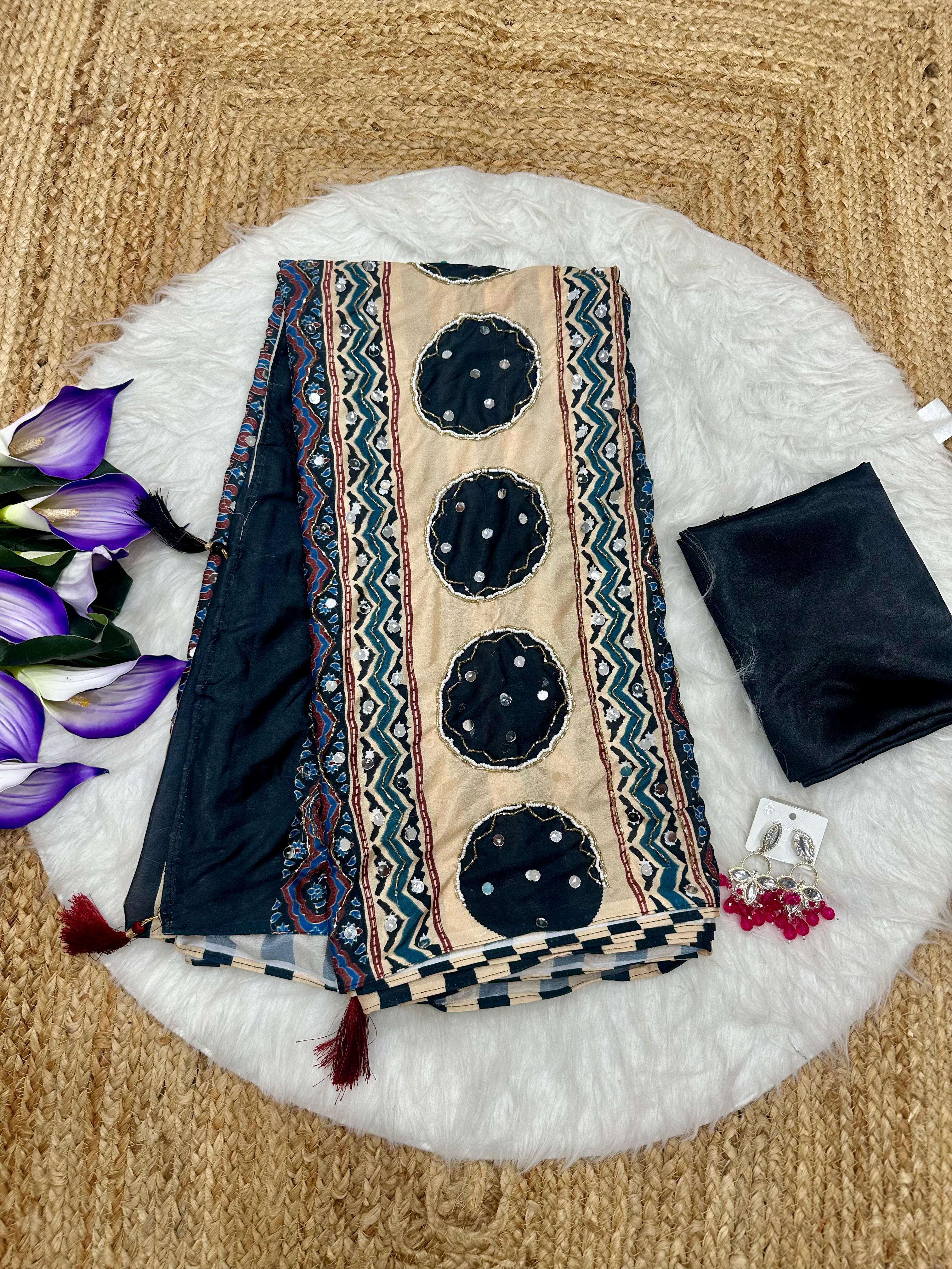 New Ajrakh Designer Handwork Party Wear Saree with Original Mirror Work