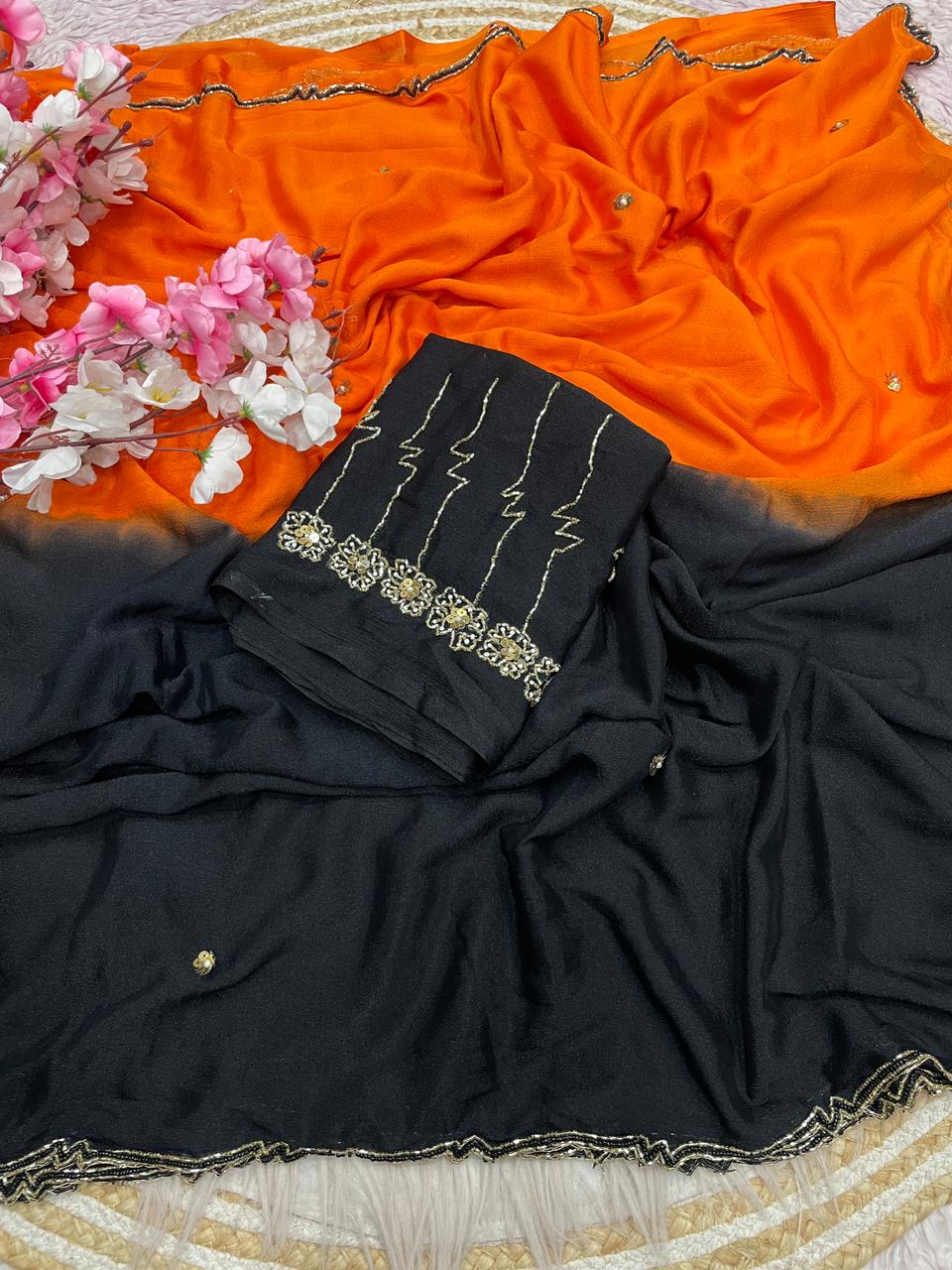 Designer Pure Dyeable Shaded Chinnon Saree with Cutdana Work