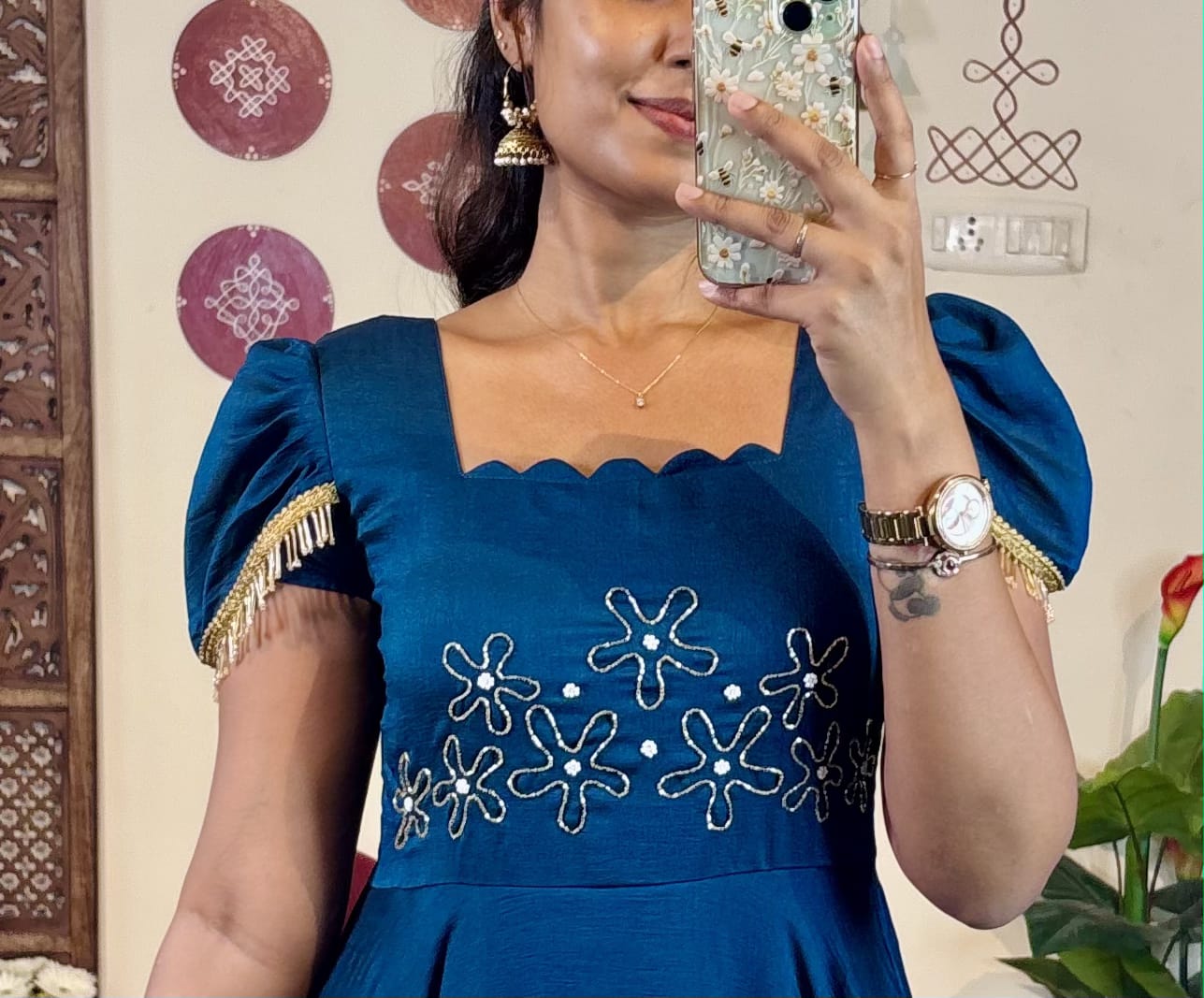 Upto 3XL- Vichitra Blooming Floor length Gown handwork in wrist and scallop neck double sleeves with hanging lace