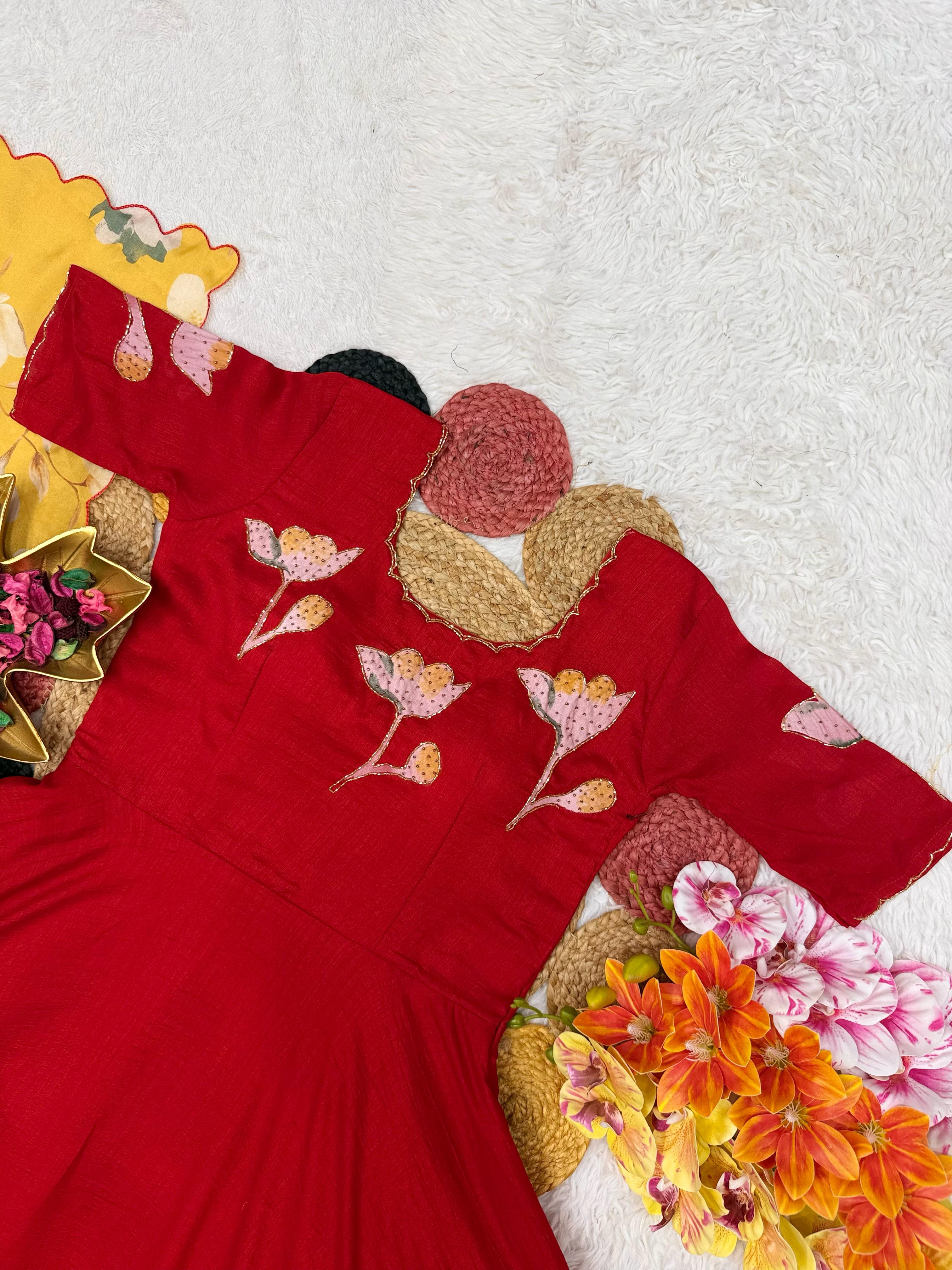 Beautiful Vichitra Hand painted Maggam Work Gown with Dupatta