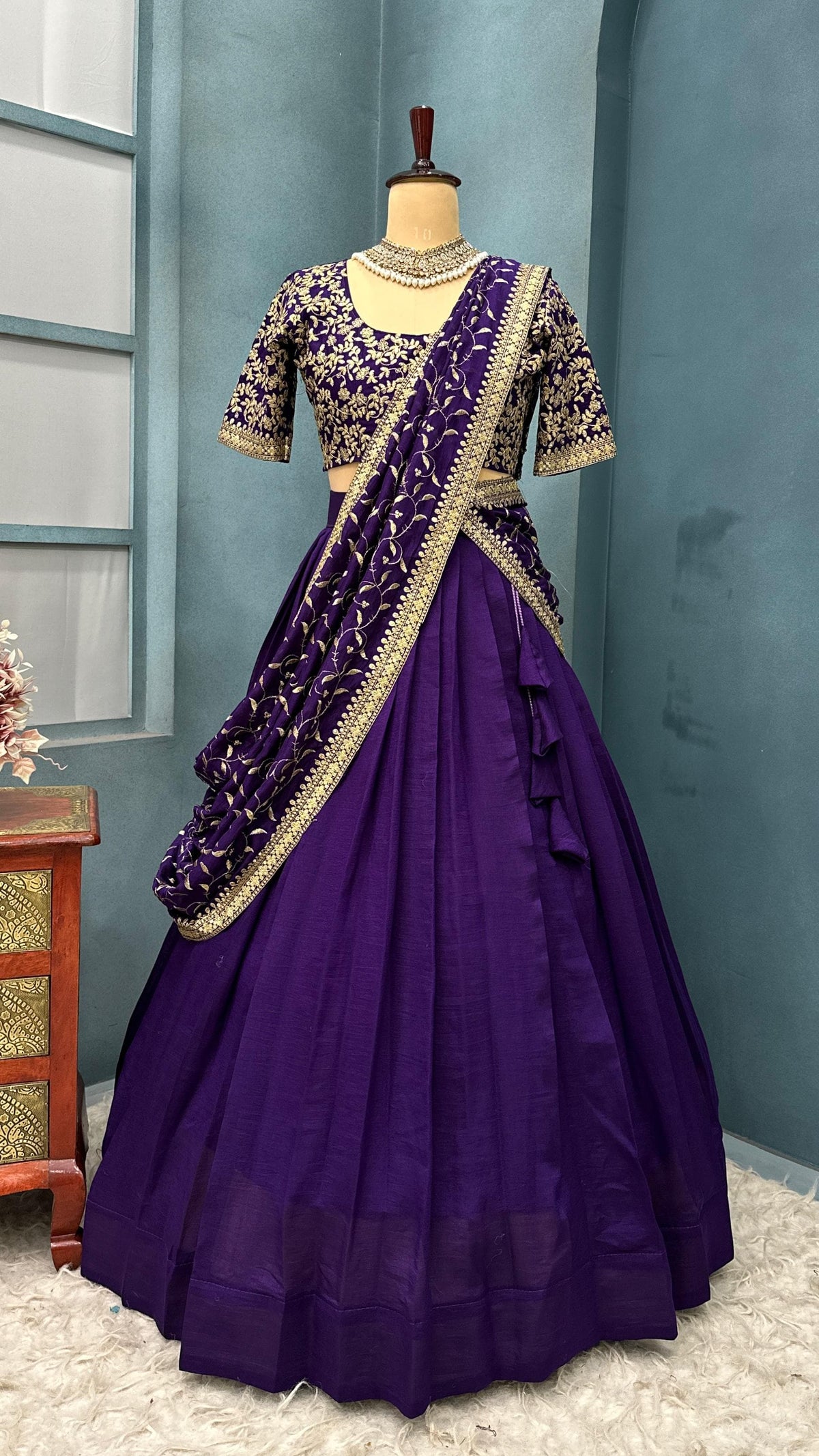 Premium Vichitra Silk with Maggam Work and Fully Stitched Lehangas