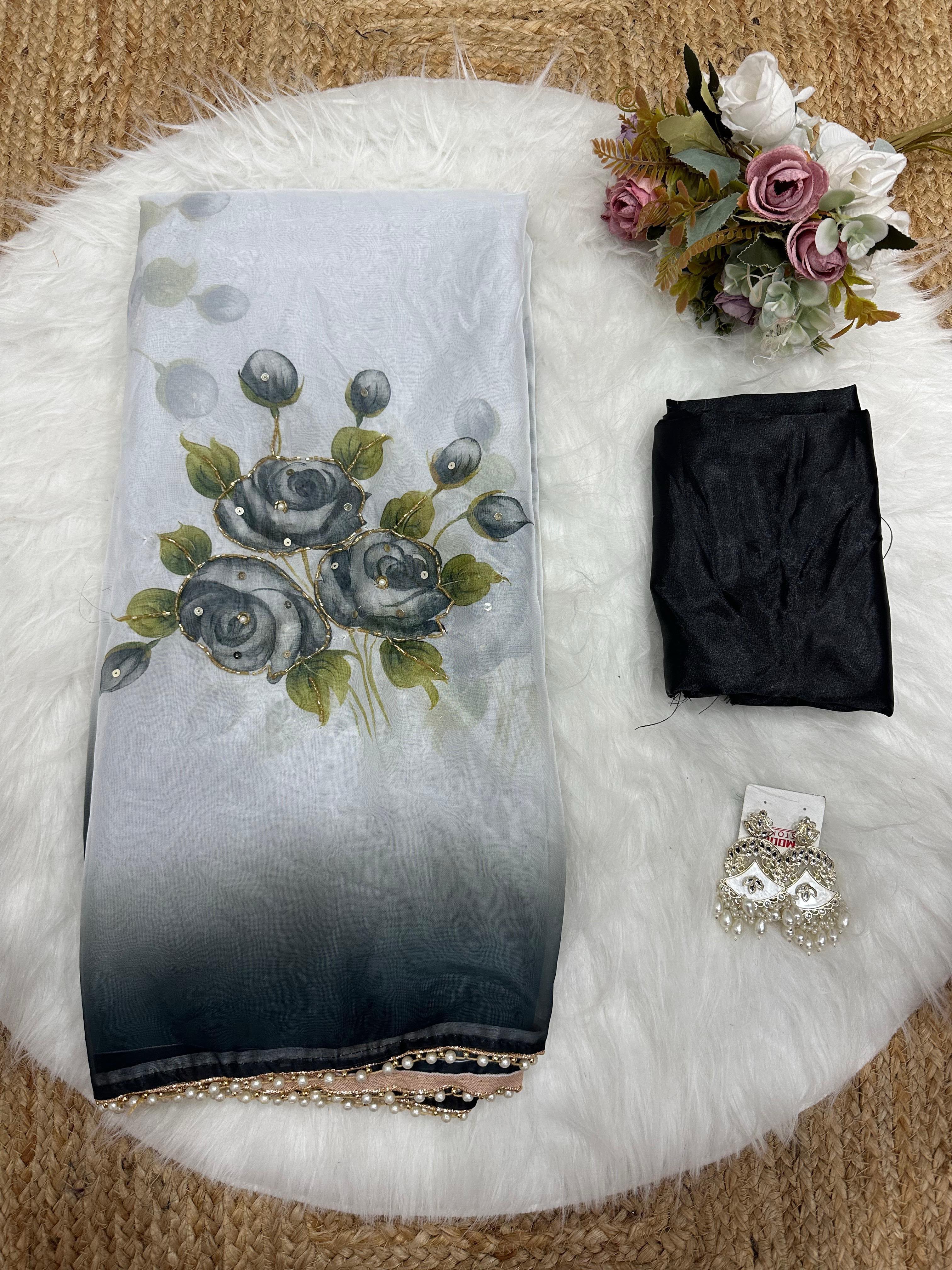 Tebby Silk Half Half Concept Saree with Designer Handwork and Moti Lace Border