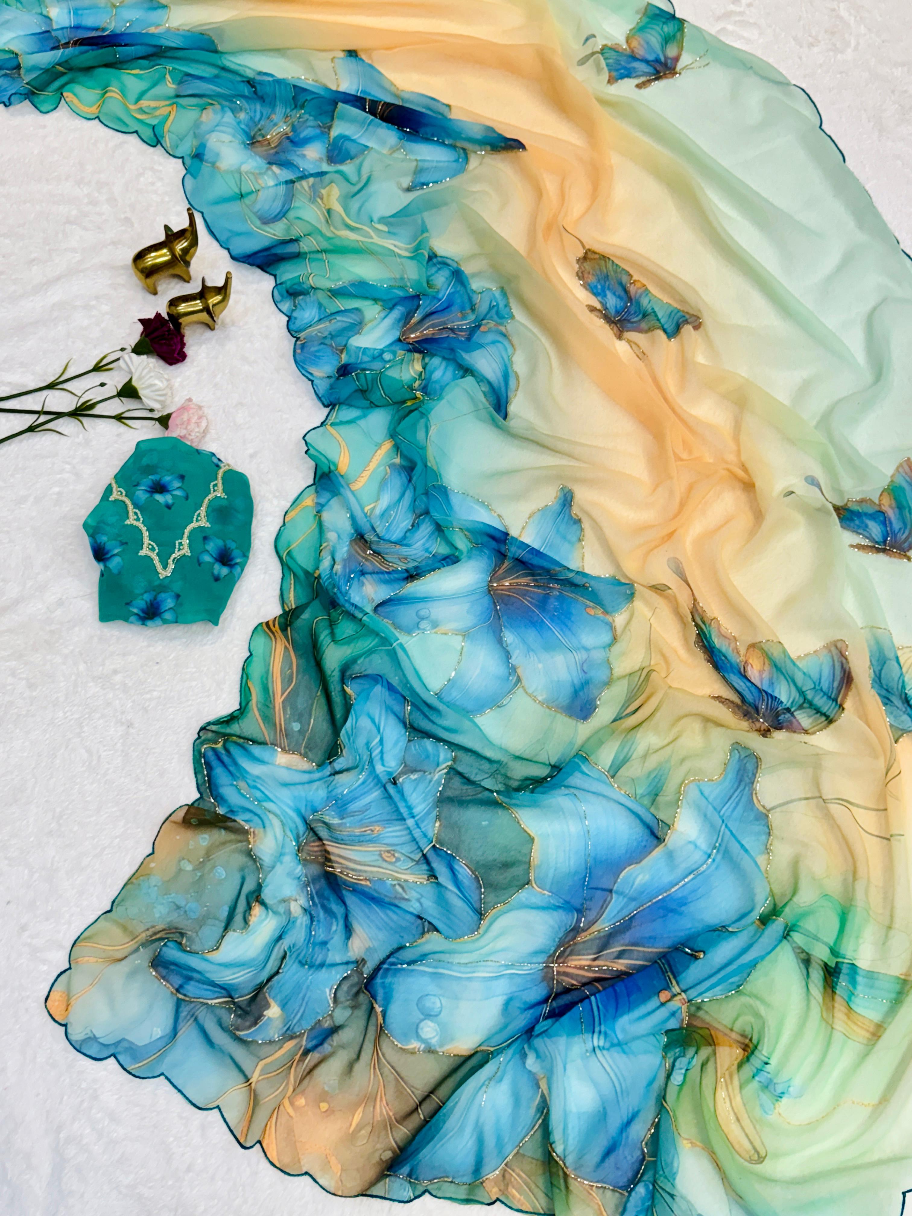 Chiffon Floral Digital Print with Beautiful Handwork and Arco Lace Border