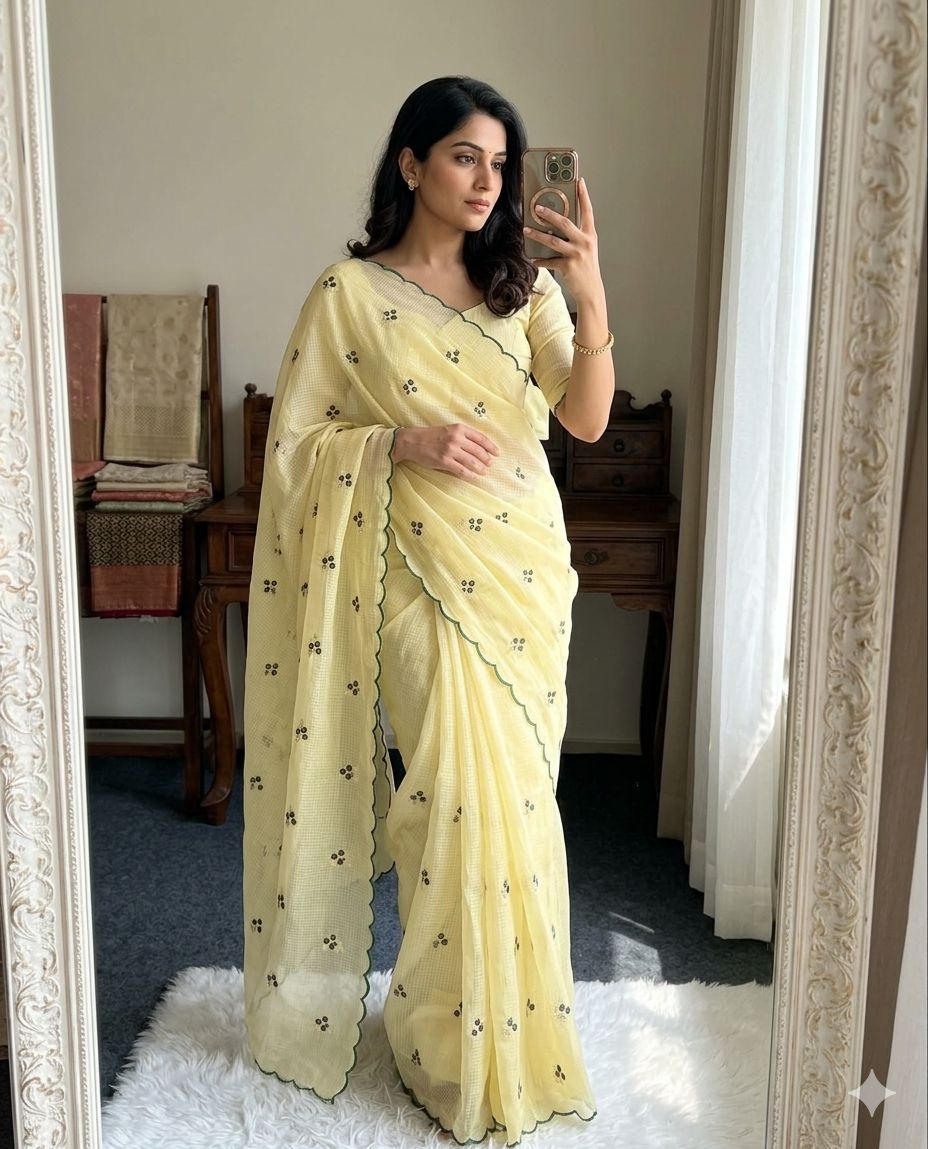 Soft Doria Checks Saree with Beautiful Embroidery all over Saree and Running Blouse with Work