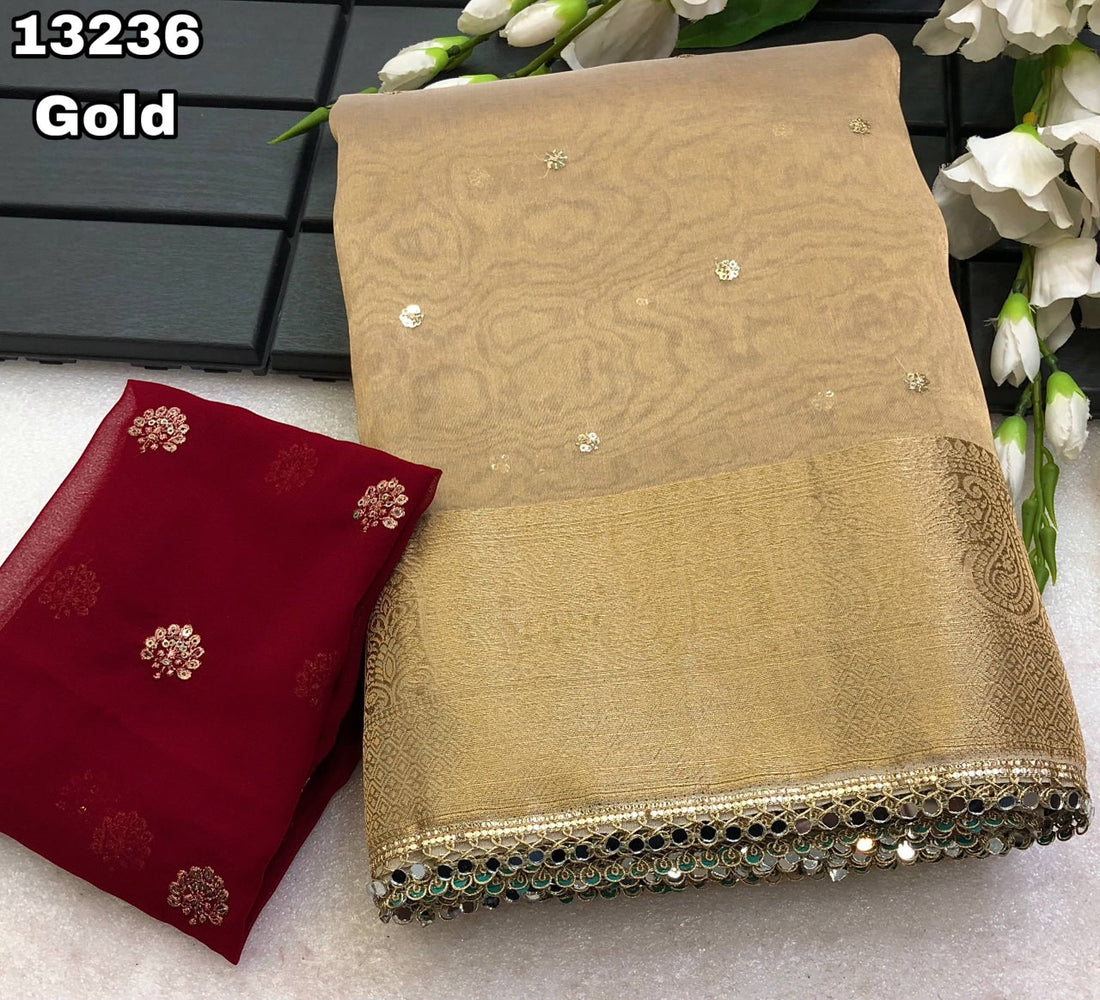 Tissue Silk Gold Colour Saree With Embroidery & Sequence Work Butti