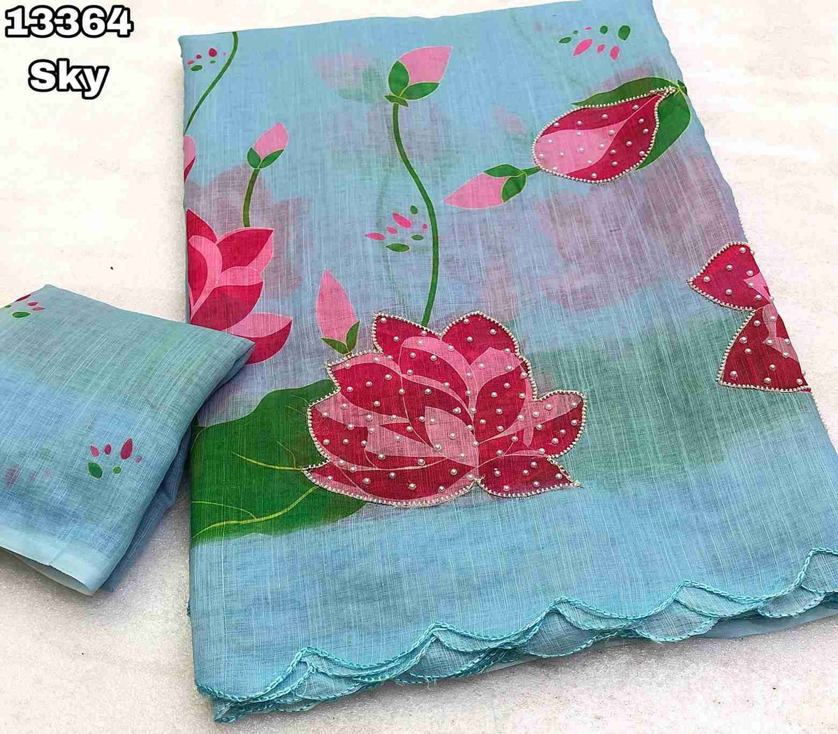 Soft Linen Lotus Design Digital Print Saree With Hand Moti Work Outing With Embroidery Scalloped Cutwork Border