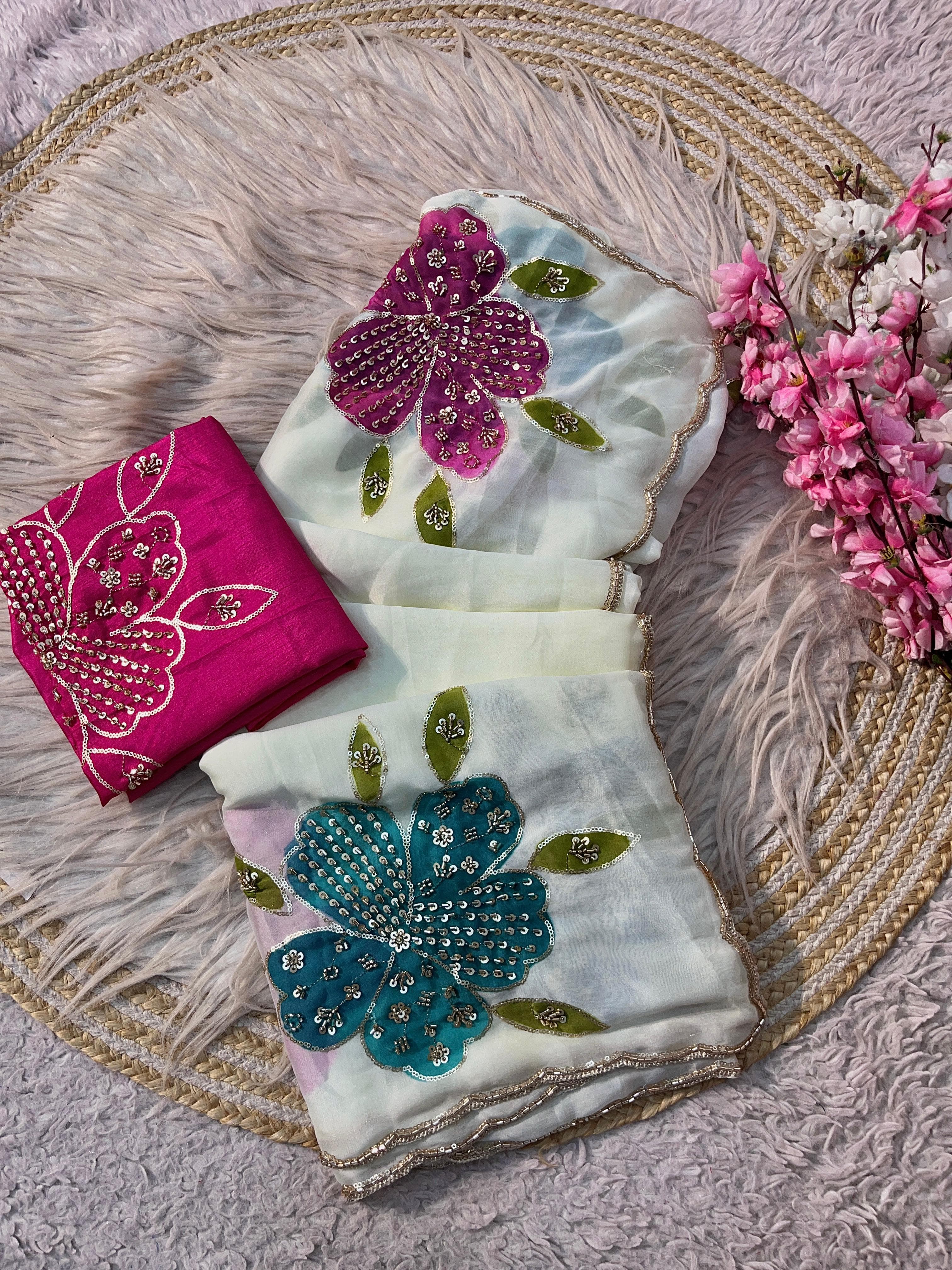 Premium Rangoli Saree with  beads work & brush print