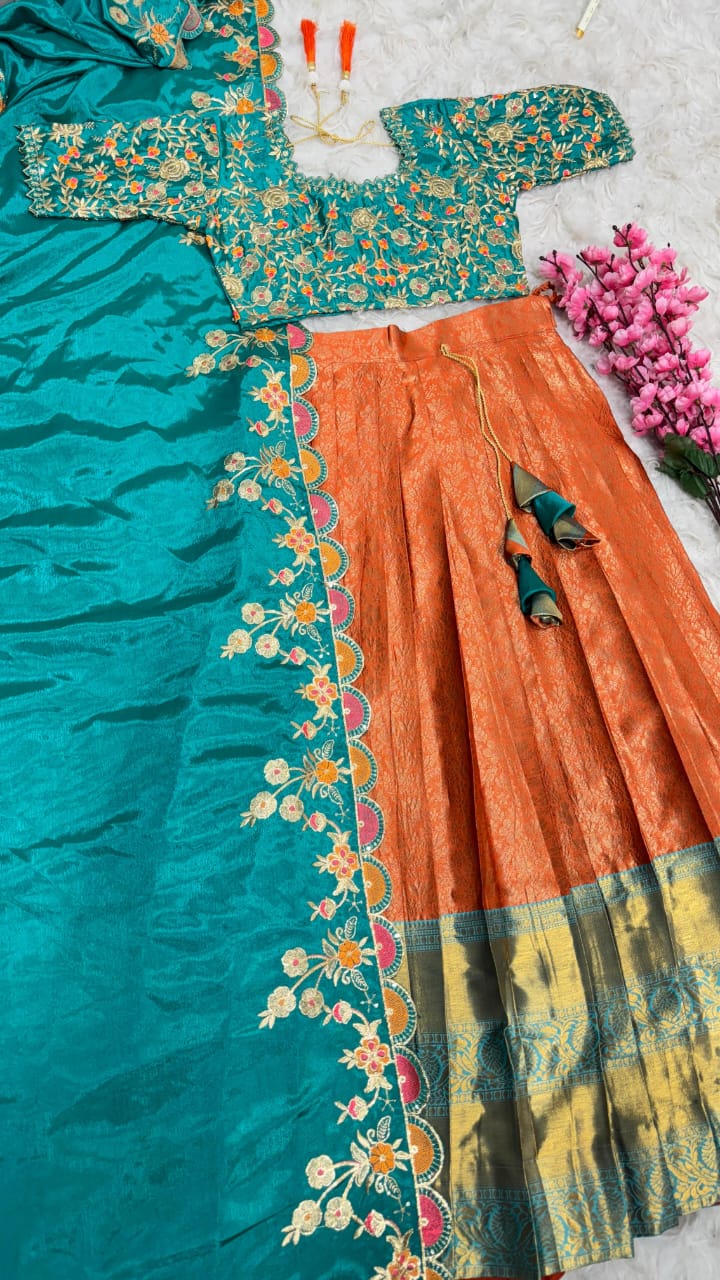 Exclusive Designer Premium Quality Kanjivaram fully stitched Lehenga With Designer Maggam work blouse & Designer Dupatta