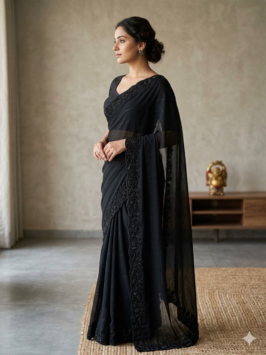 Pure Georgette Saree in Velvet shine adorned with Sequence and Cutdana Handwork