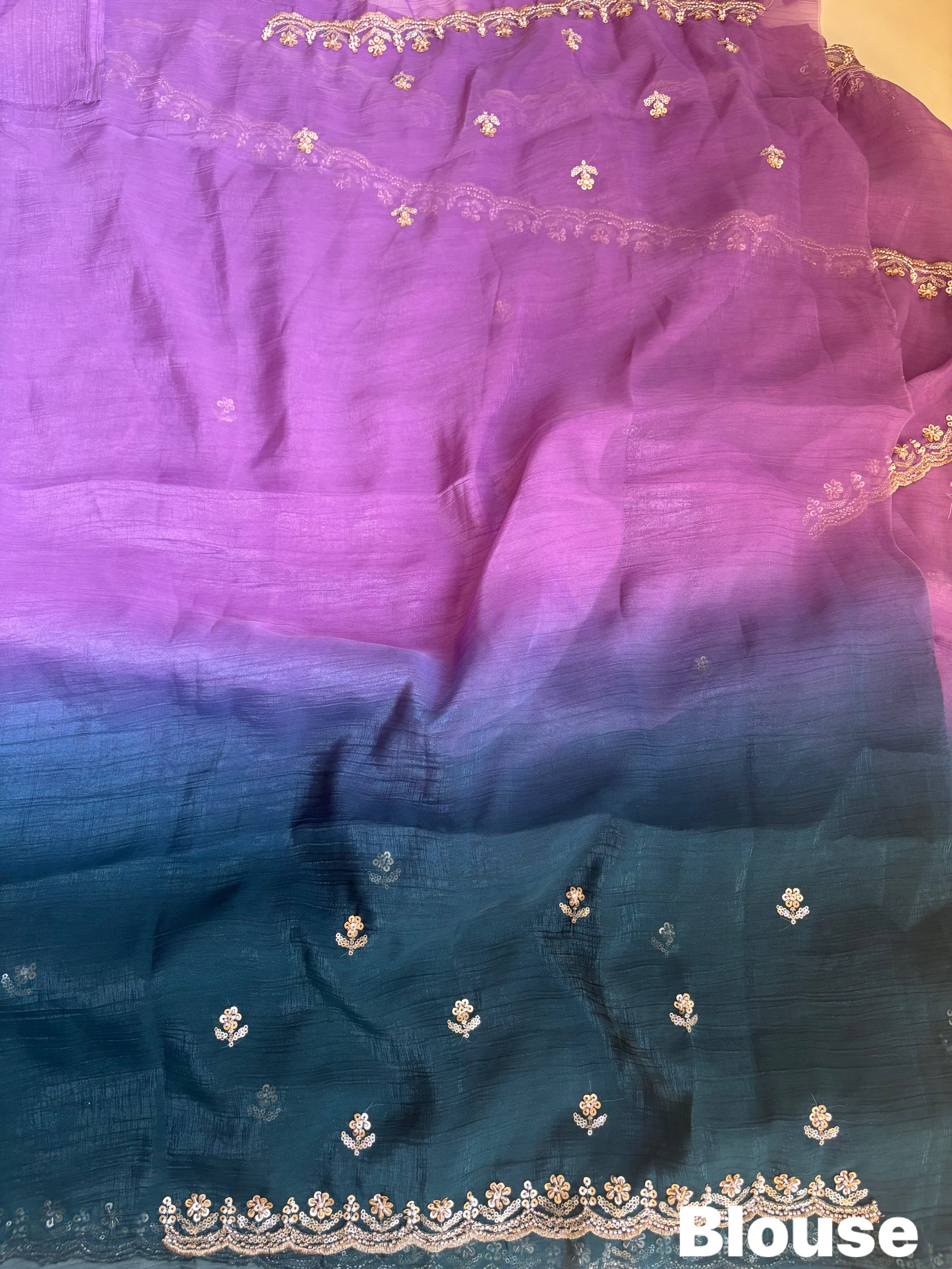 Elegant Fendy Satin Saree with beautiful sequence beats work Paired with unstitched 0.90 meter blouse piece