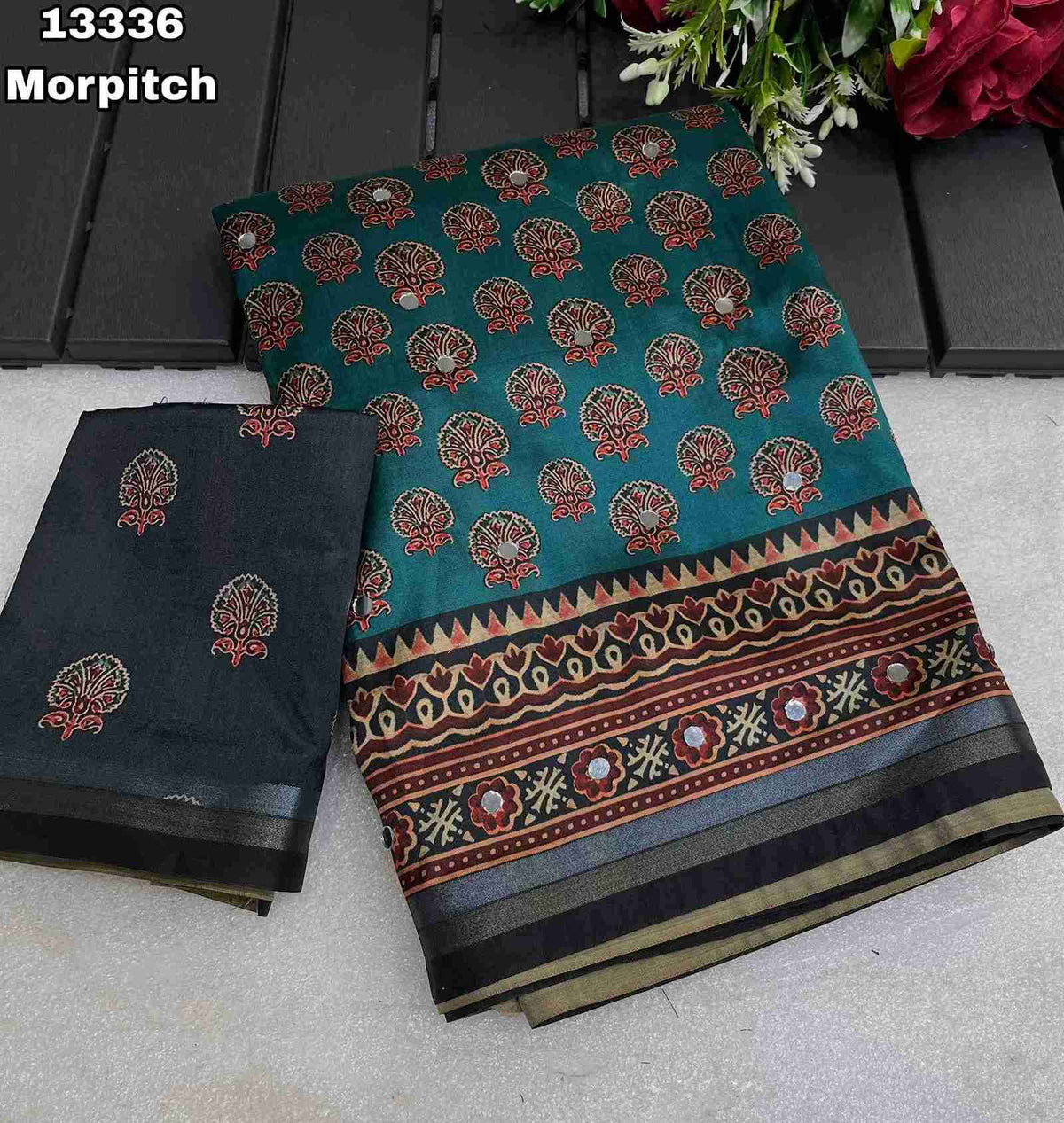 Soft & Smooth Silk Crape Ajrakh Design Digital Print With Original Mirror Work & Zari Weaving Borde