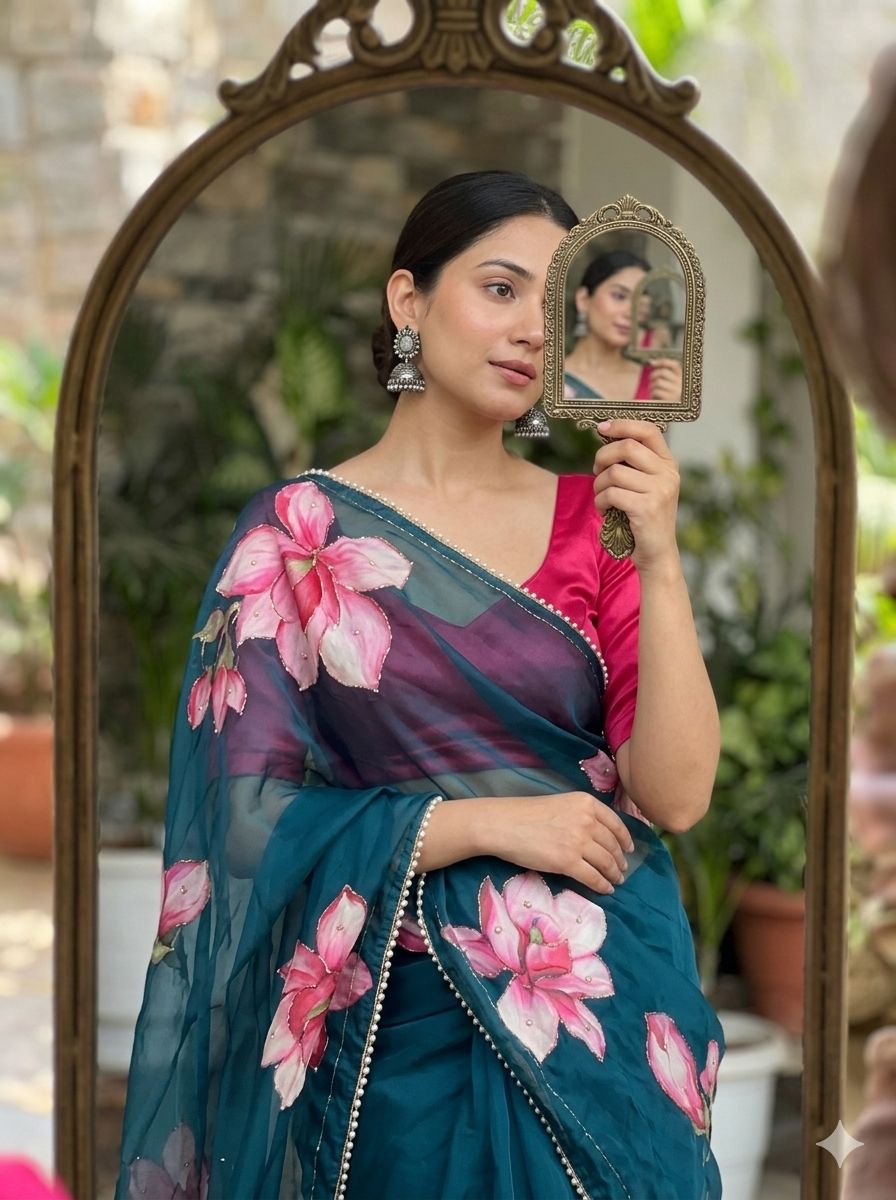 Georgette Silk with Designer Handwork Saree and Moti Lace Border
