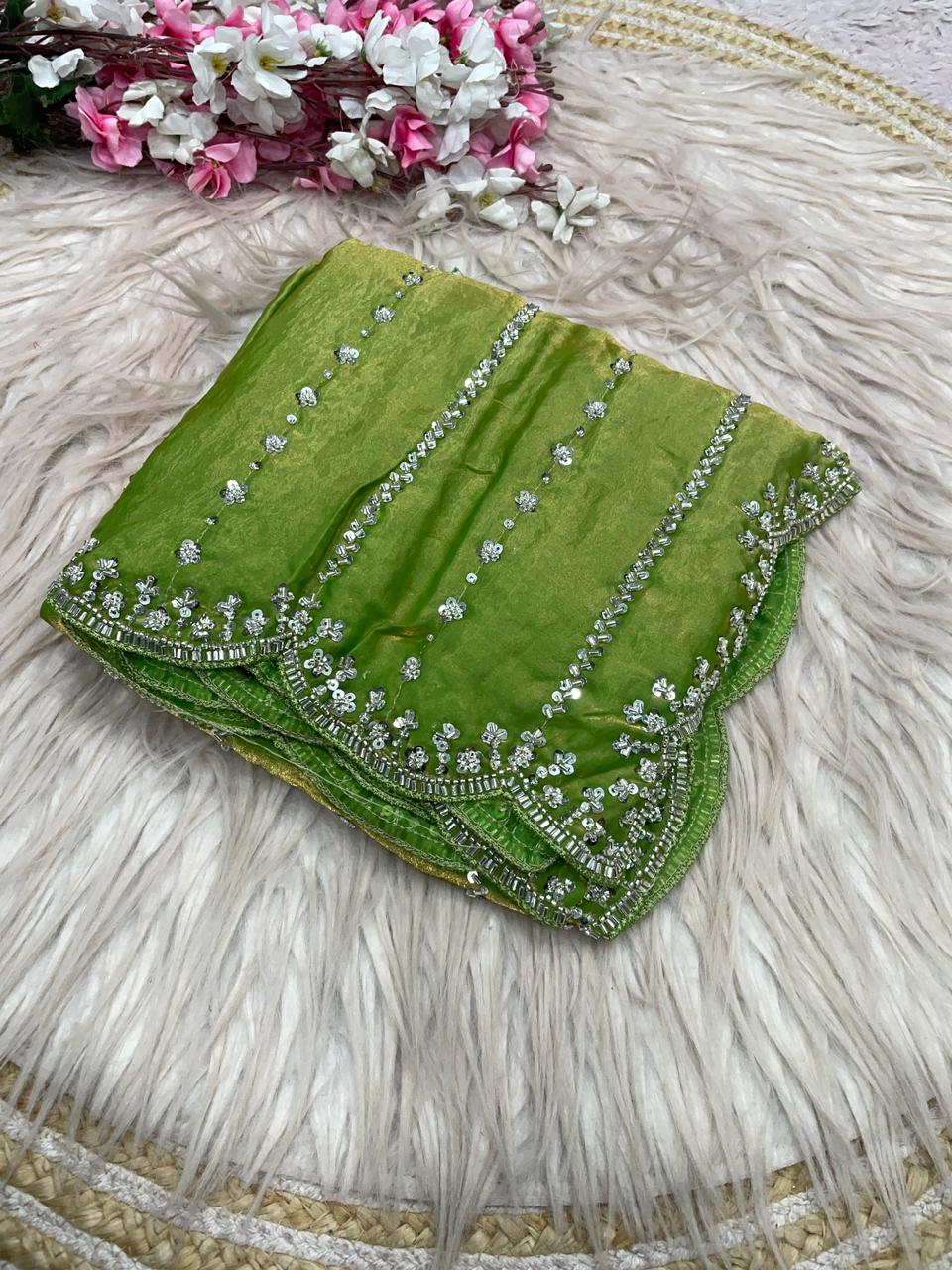 Fendy Satin Space Silk Saree with Premium Beads Handwork
