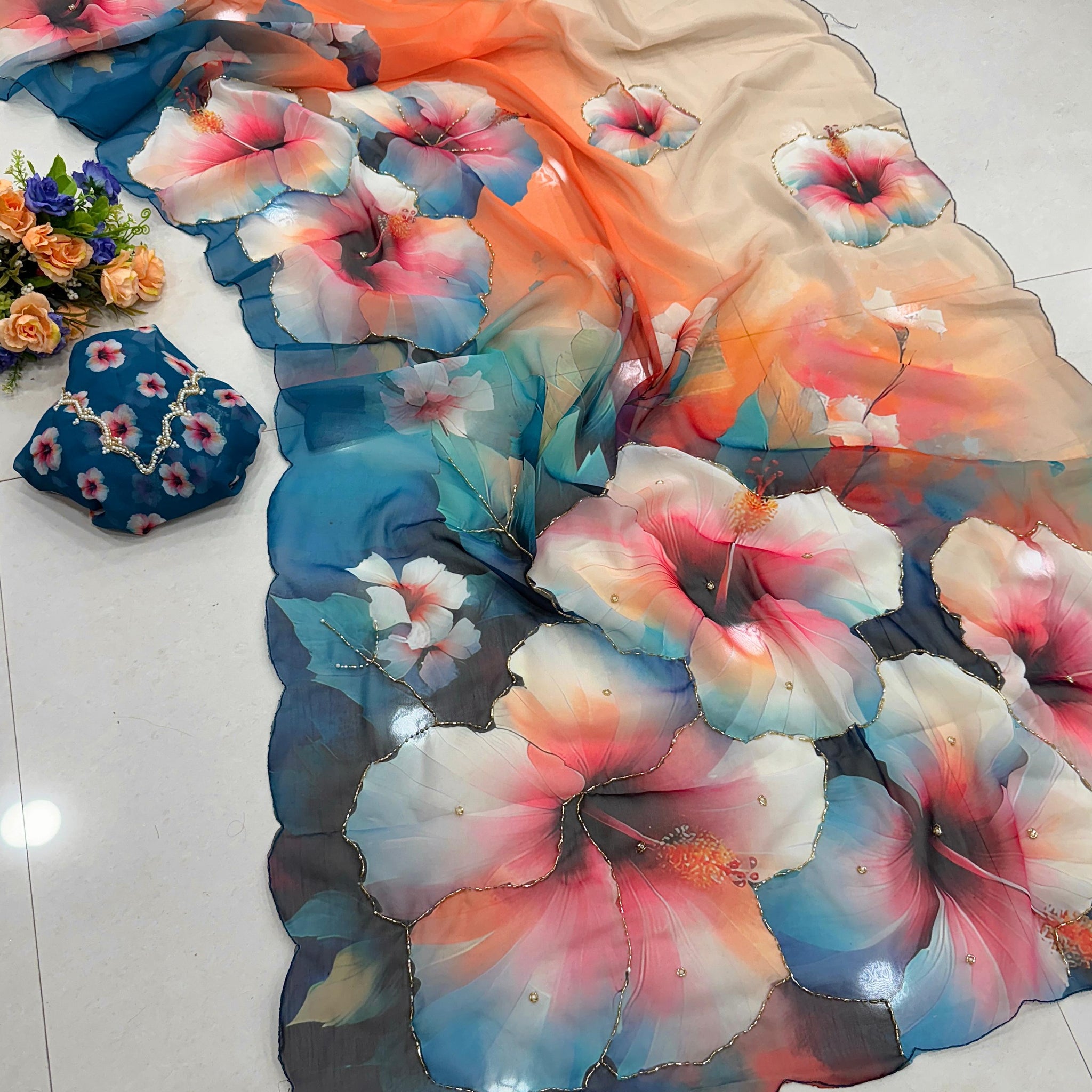 Chiffon floral saree with cutdana work