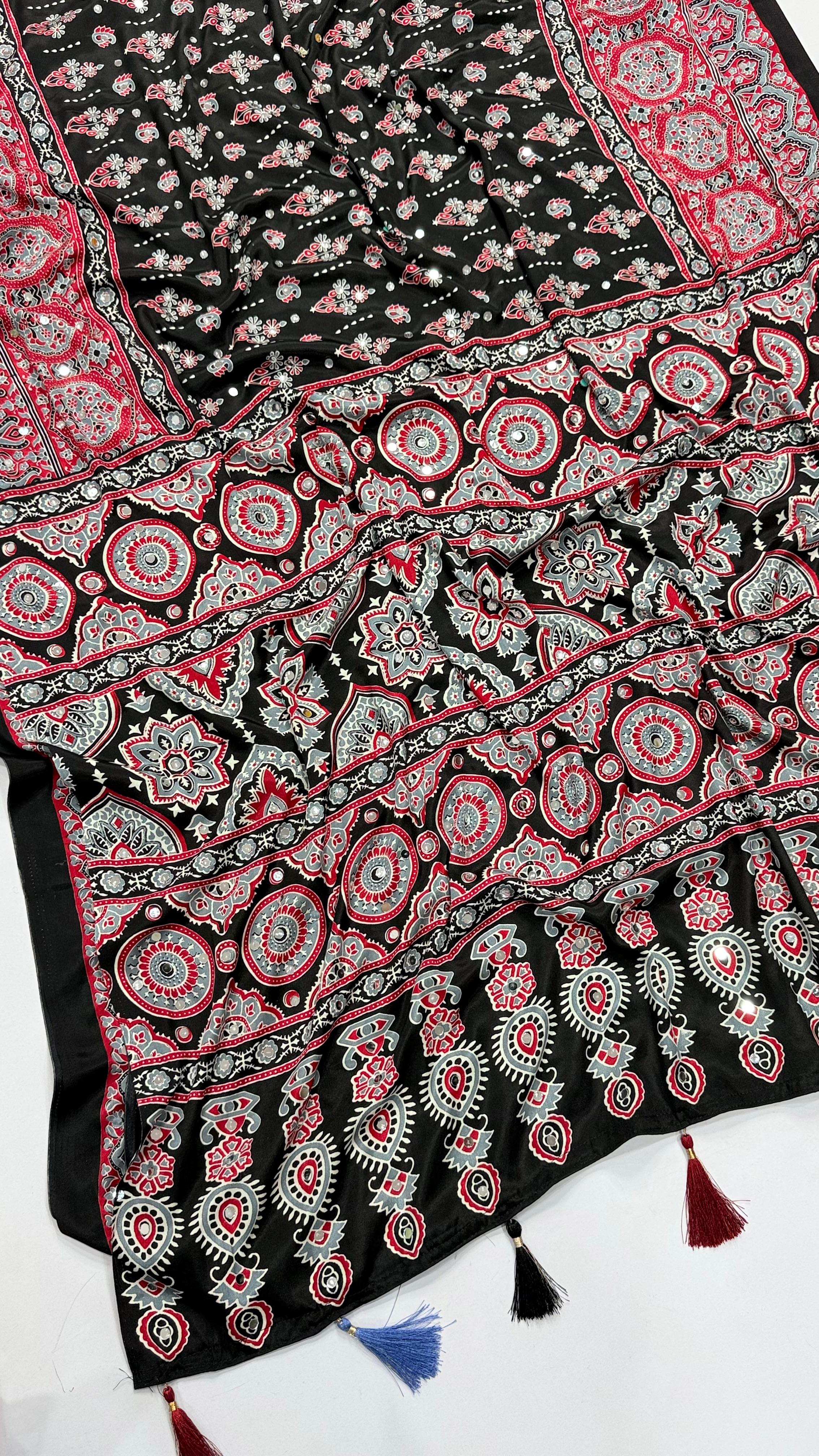 Ajrakh Saree with All Over Mirror Work