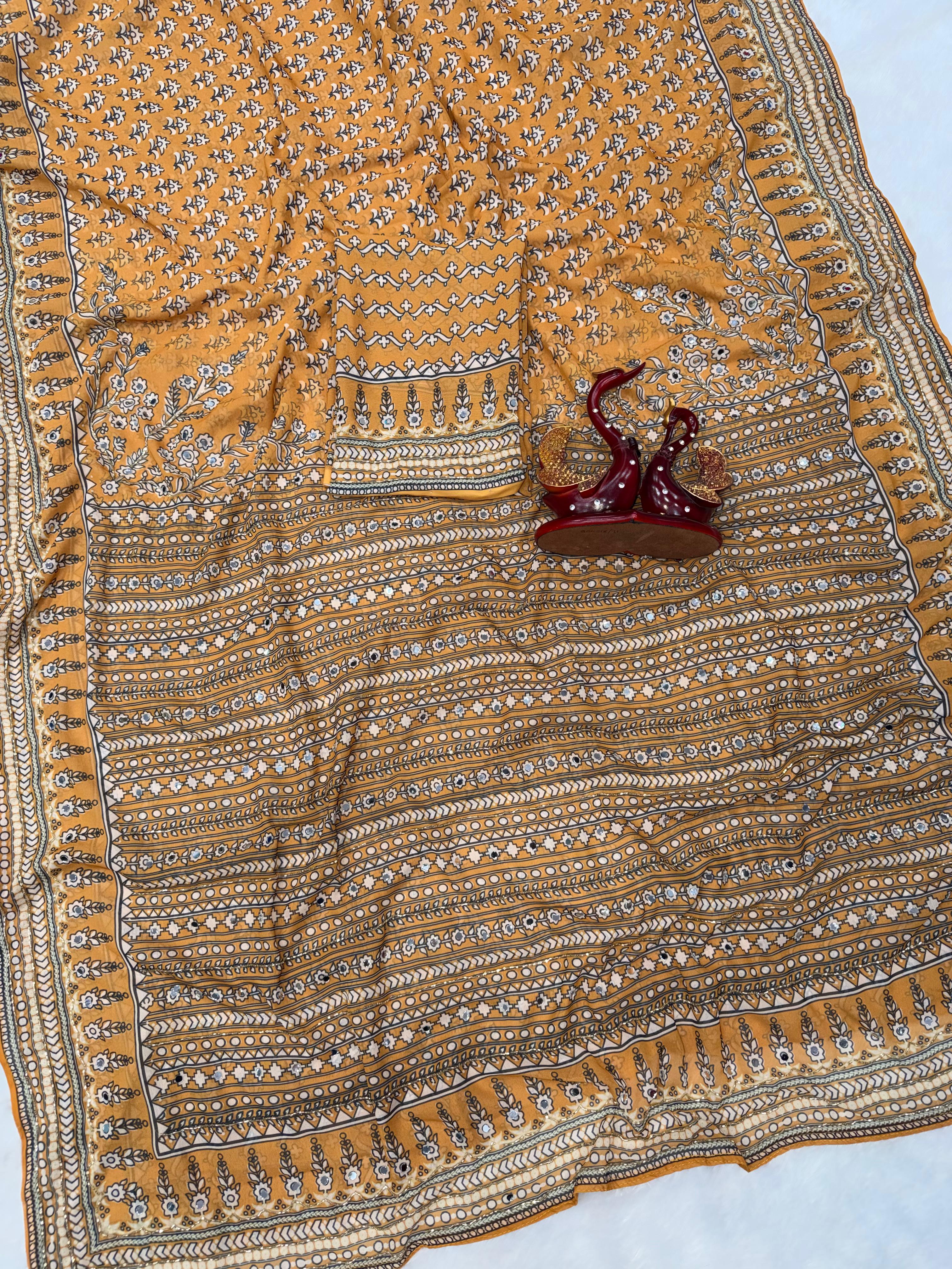 Ajrakh Designer Soft Fox Georgette Sarees with Cutdana and Mirror Work