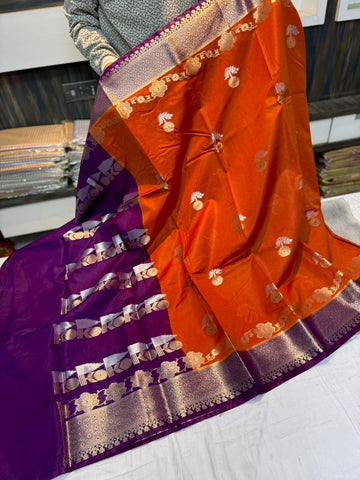 Orange Banarasi Raw Mango Soft Silk Sarees