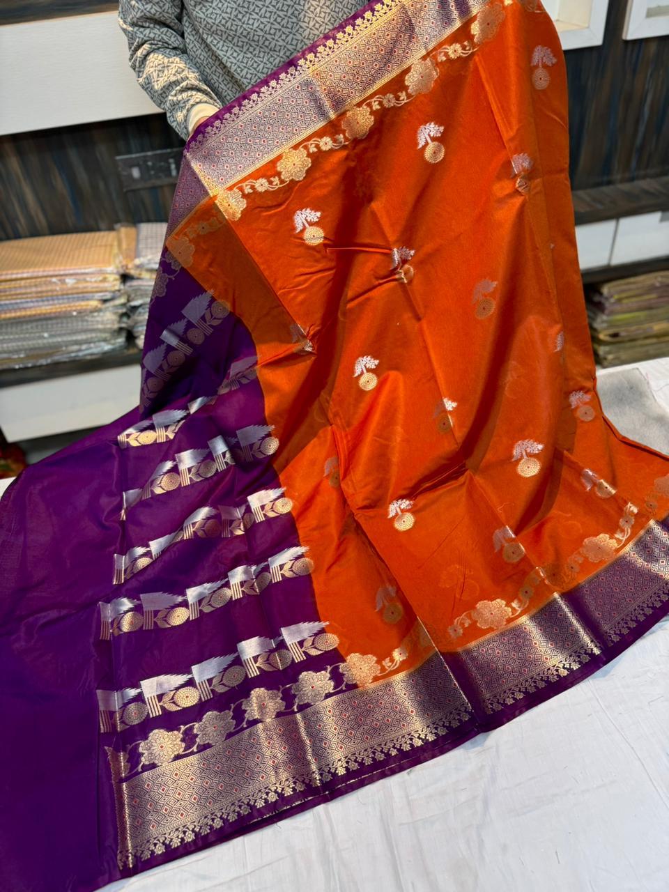 Orange Banarasi Raw Mango Soft Silk Sarees