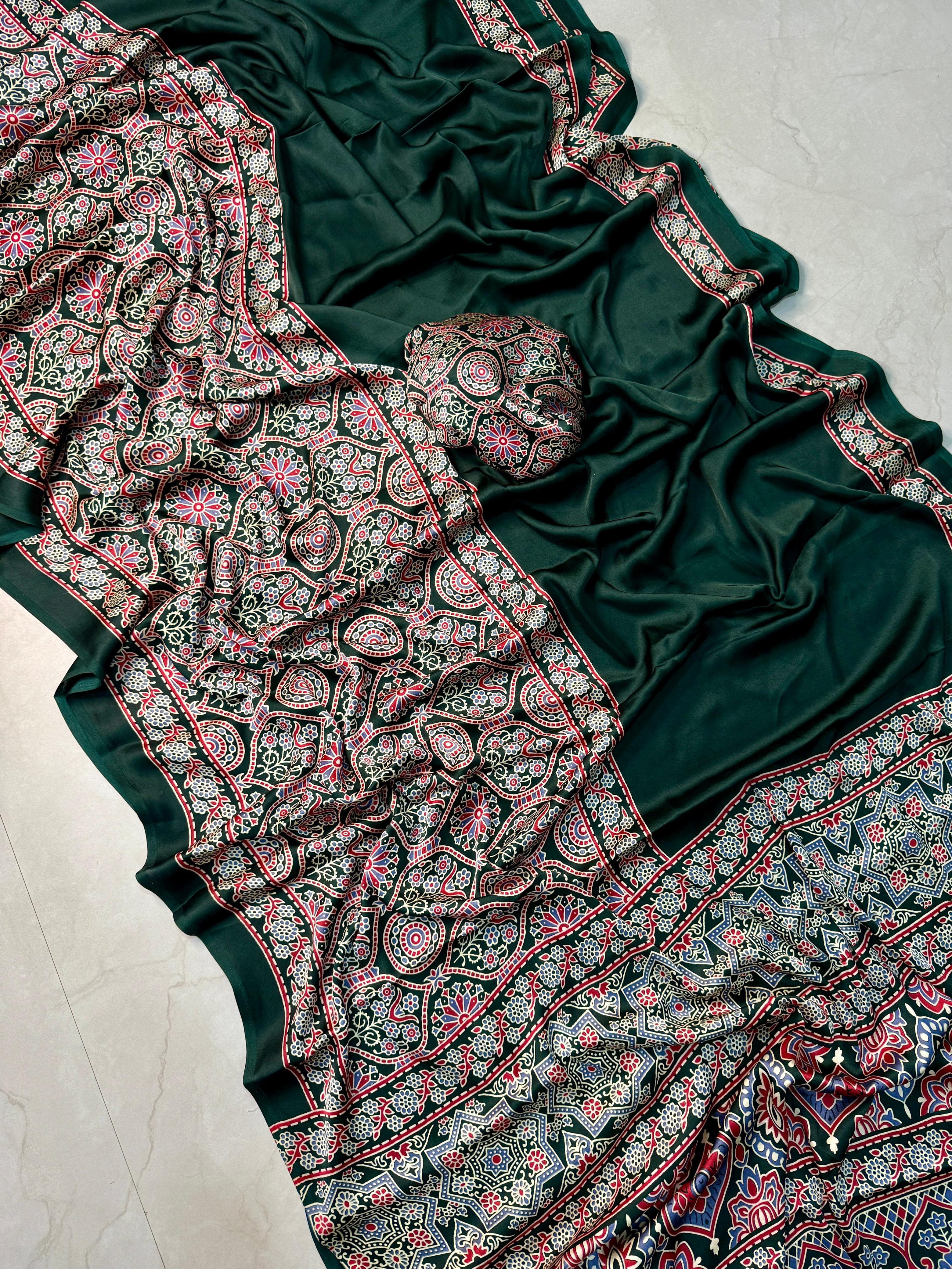 Ajrak satin Silk saree