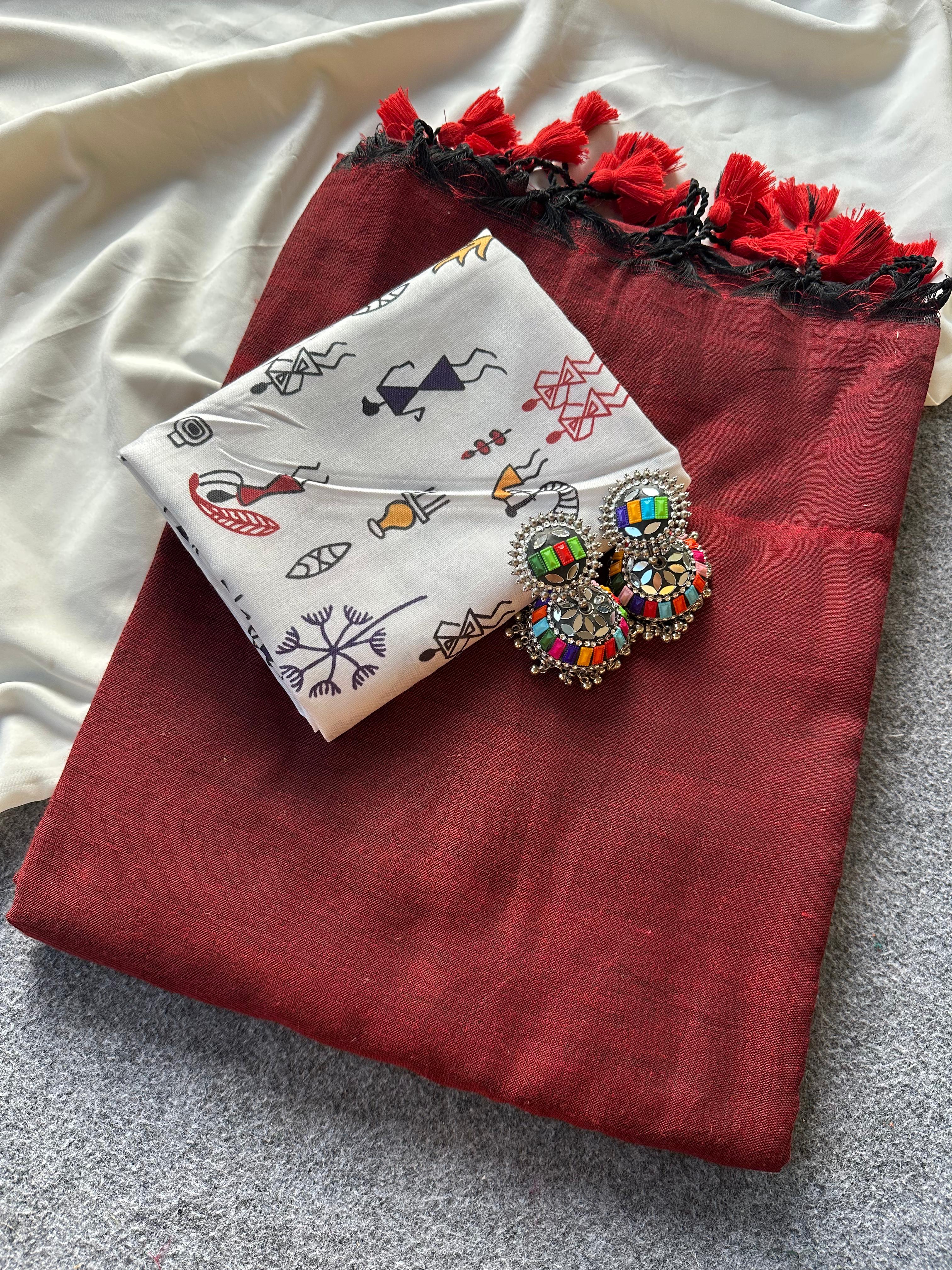 Soft Khadi Cotton Sarees with Print Blouse