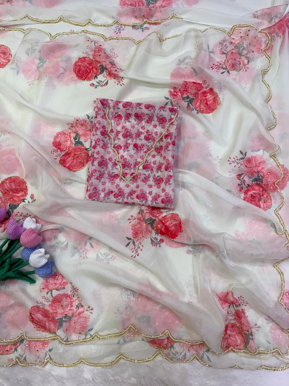 Soft Tebby Silk with Floral Print & Cutdana Handwork
