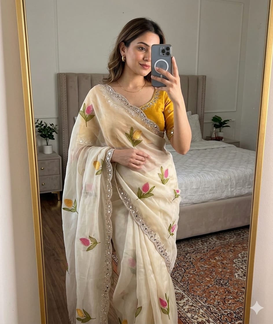 Star Georgette Silk Saree with allover Embroidery Work
