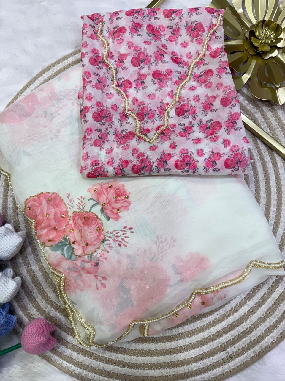 Soft Tebby Silk with Floral Print & Cutdana Handwork