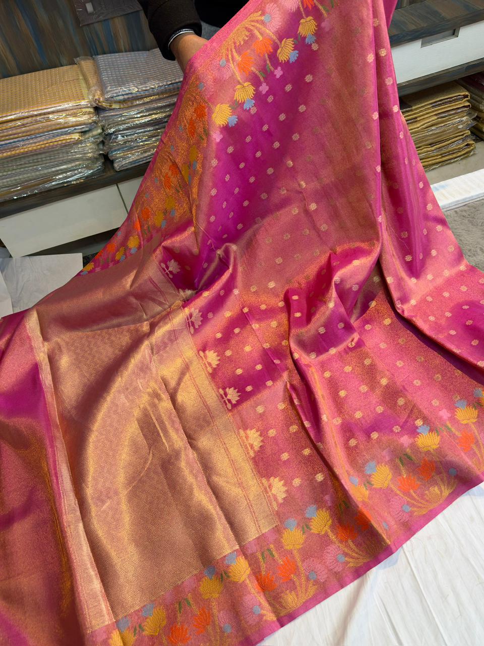 Banarasi Tissue Saree with Meenakari Flower Border